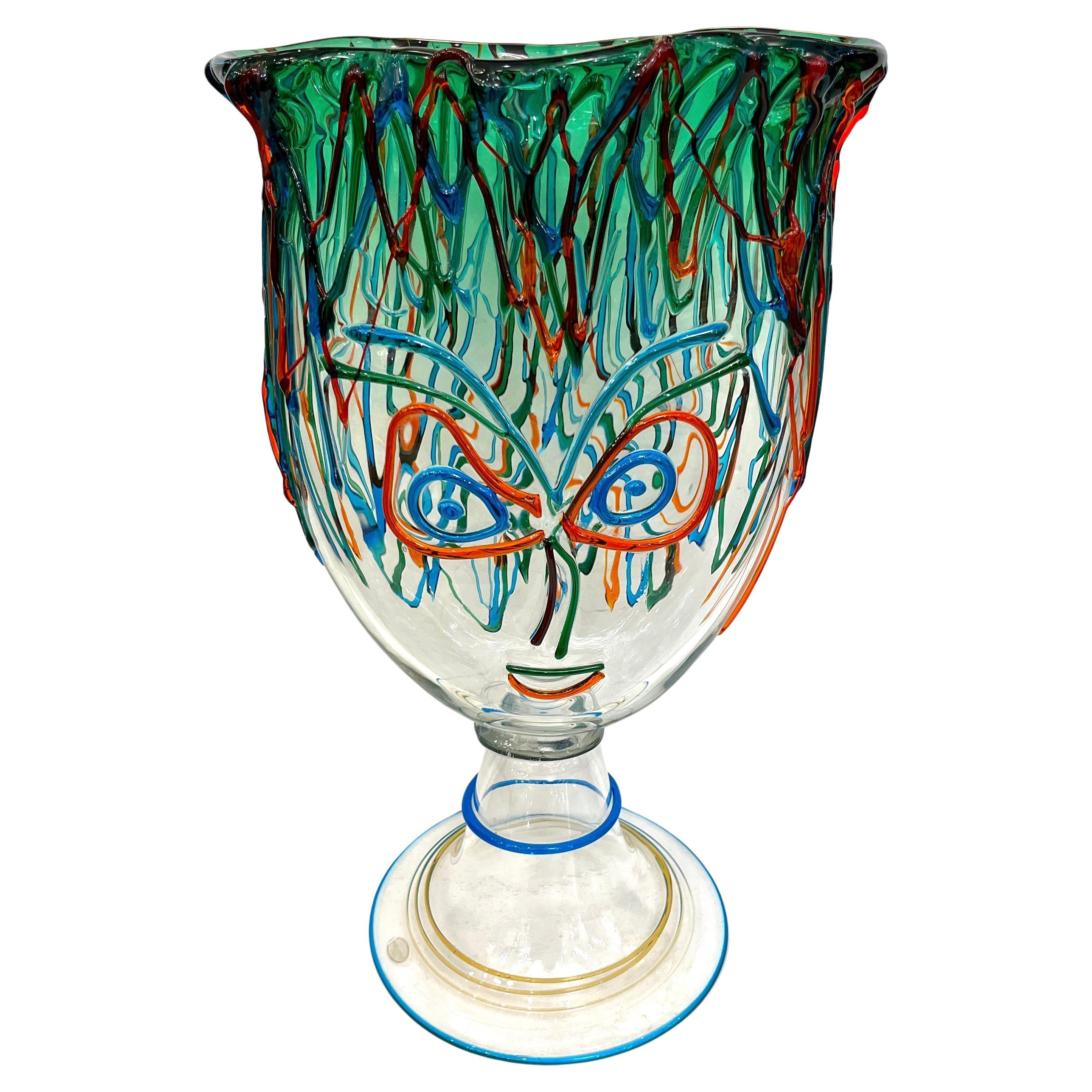 Luigi Mellara Picasso Homage Italian Green Blu Murano Glass Face Vase Sculpture For Sale