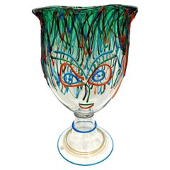 Retro Luigi Mellara Picasso Homage Italian Green Blu Murano Glass Face Vase Sculpture