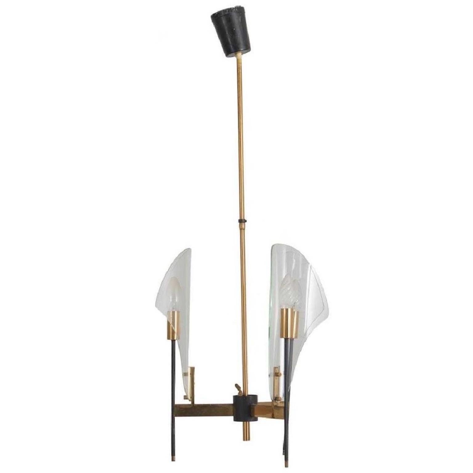Long stem pendant chandelier by Luigi Molin, circa 1957, with three single lights of brass on a black enameled slender stem within a bent glass reflector all radiating from a central cluster hub. Rewired and ready to install. See our separate