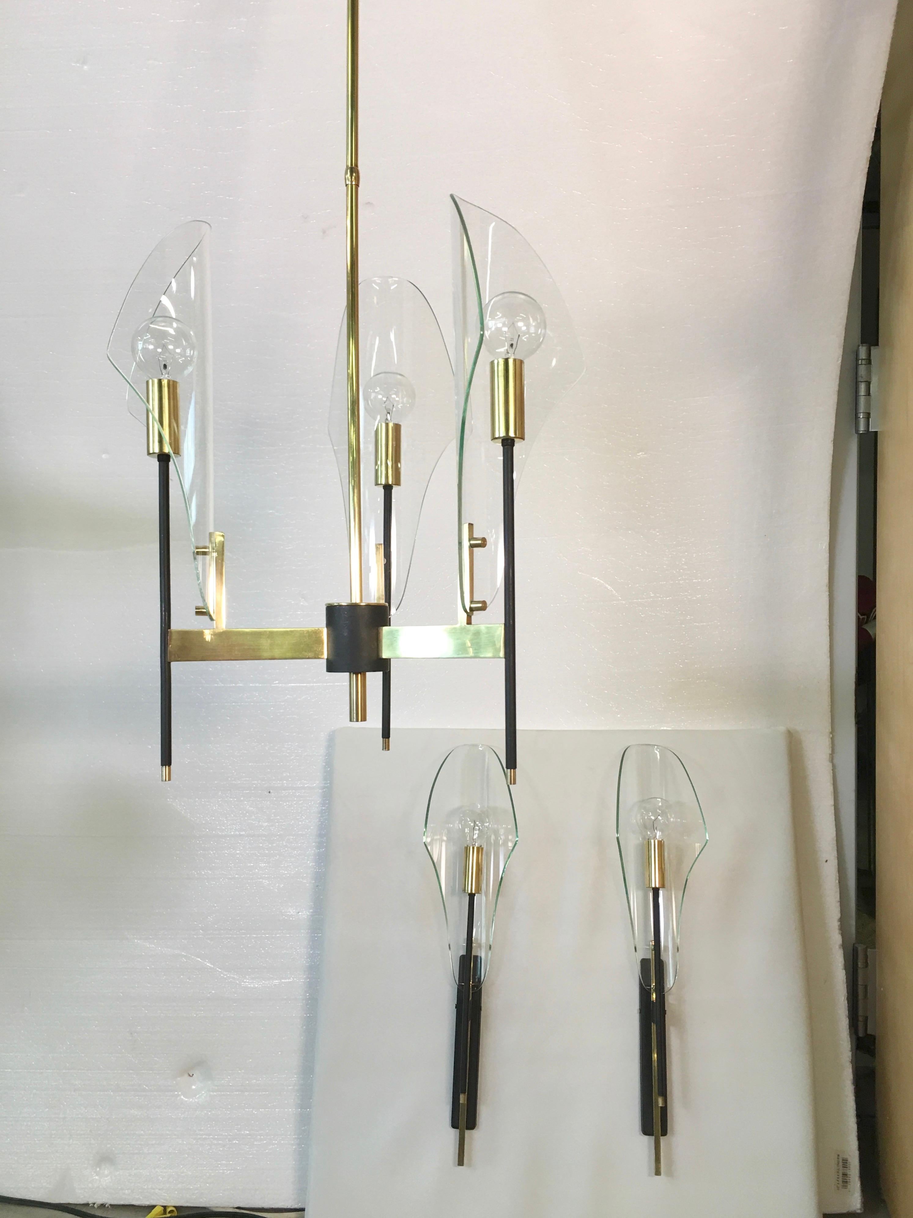 Brass Luigi Molin 3-Light Chandelier with Curved Glass
