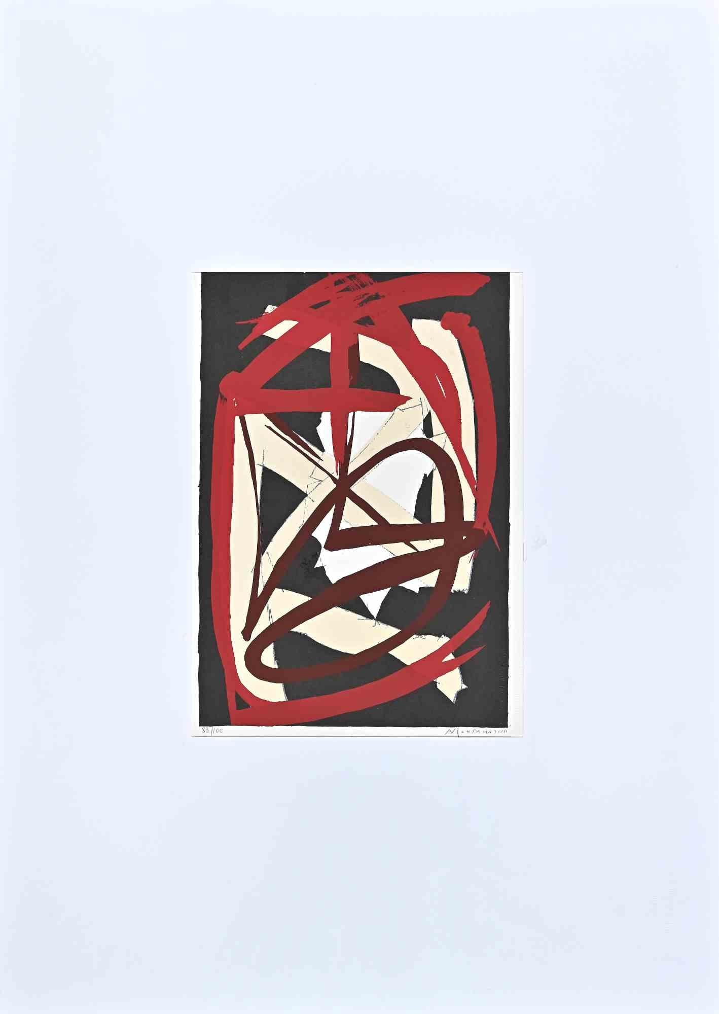 Abstrakte Komposition ist eine Originallithographie von Luigi Montanarini aus dem Jahr 1973.

Limitierte Auflage von 100 Exemplaren, Herausgeber "La Nuova Foglio SPA".

Sehr guter Zustand auf einem weißen Passepartout aus Karton (70x50