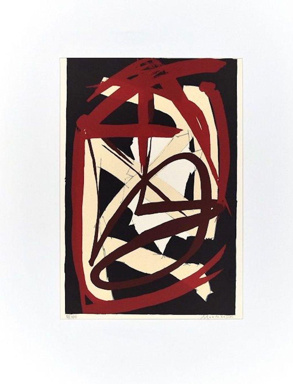 Abstract Composition is a beautiful colored serigraph on cream-colored paper, realized in the 1970's by the Italian artist, Luigi Montanarini (1906-1998) and published by La Nuova Foglio, a publishing house of Macerata, Italy, as the dry-stamp