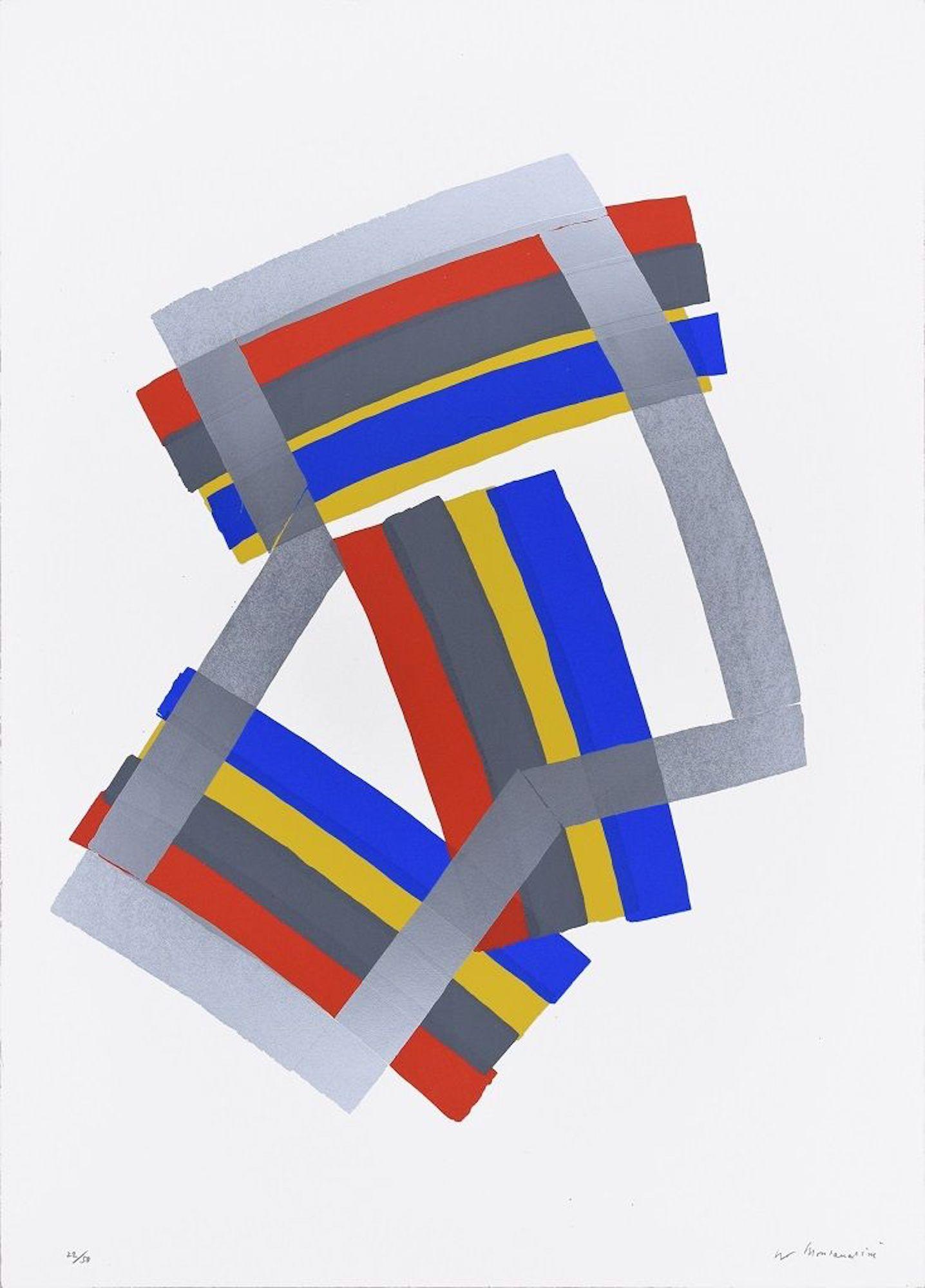 Image dimensions: 54 x 43 cm.

Silver Composition is a beautiful colored serigraph on cream-colored paper, realized in the 1970's by the Italian artist, Luigi Montanarini (1906-1998) and published by EuroMuseum editore, a publishing house of Rome,