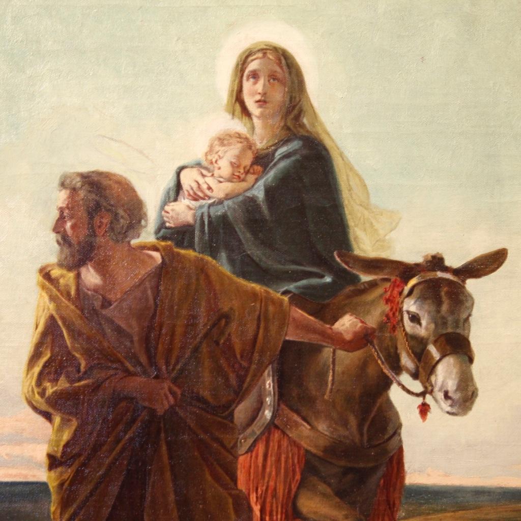 Italienische Malerei aus dem frühen 20. Jahrhundert. Ölgemälde auf Leinwand mit der Darstellung des Themas der heiligen Kunst Flucht nach Ägypten signiert unten links Luigi Morgari (1857-1935), ohne Authentizität. Rahmen von ausgezeichneter