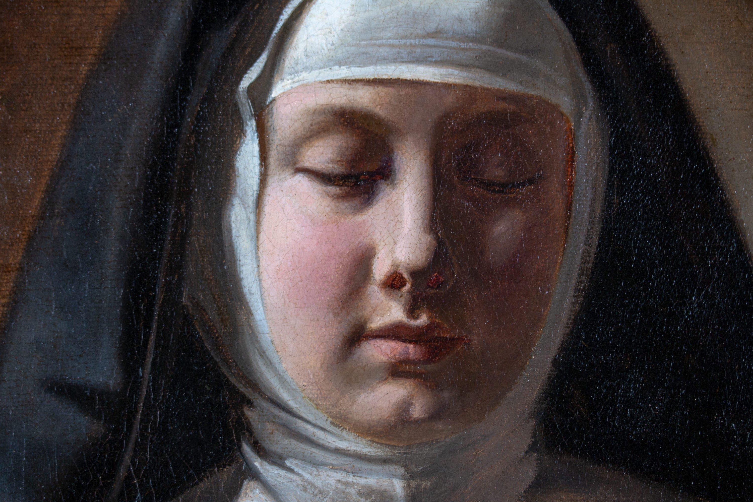 Retrato de monja de finales del siglo XIX, artista italiano - Portrait Painting Negro de Luigi Morgari