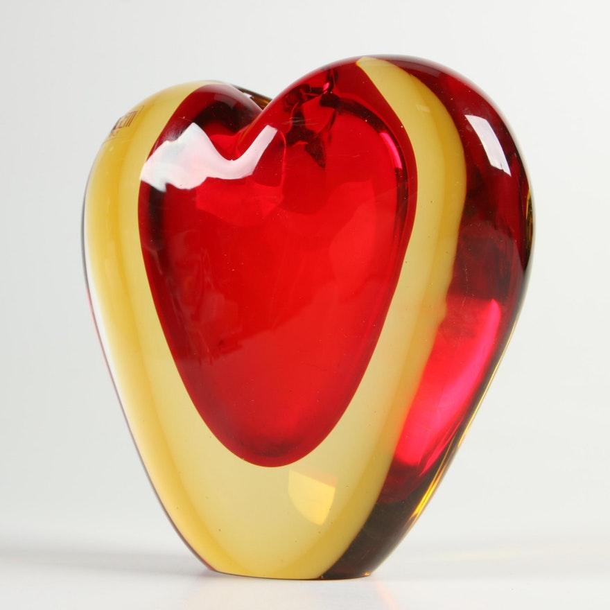 Well made heavy tri-colored sommerso glass heart shaped vase with small opening on top. Made by Luigi Onesto for Murano and marketed by Oggetti. Not many made and fewer in such good condition as this one. Signed on the bottom.