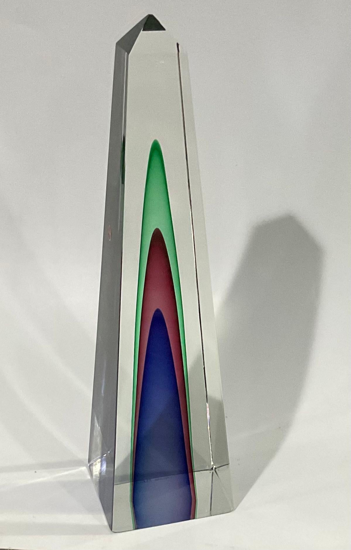 Luigi Onesto Murano Glass Obelisk Sculpture in Multi Color Sommerso Glass In Good Condition In Ann Arbor, MI