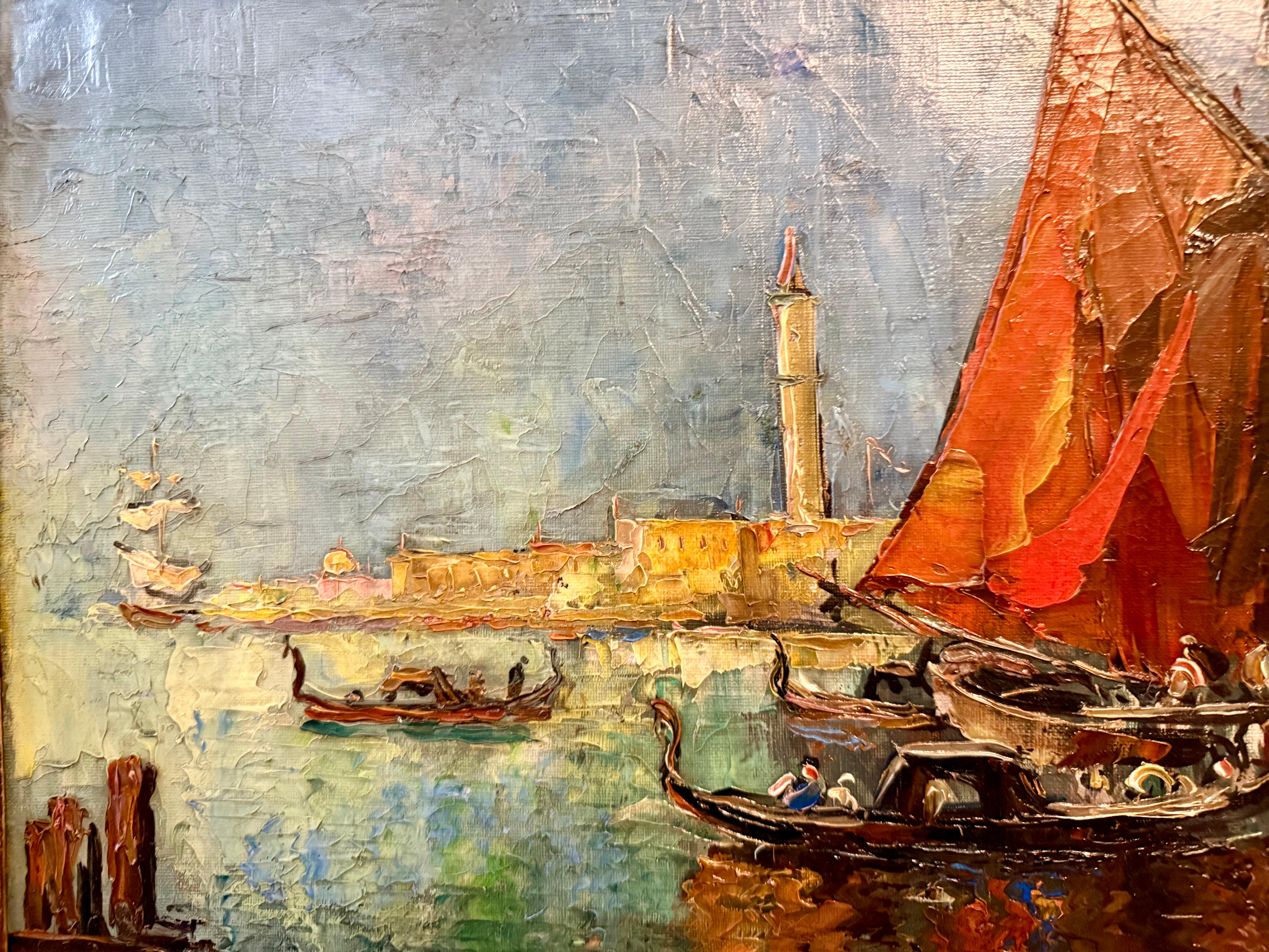 View of St Mark’s from Venetian Lagoon, impasto ships contemporary For Sale 5