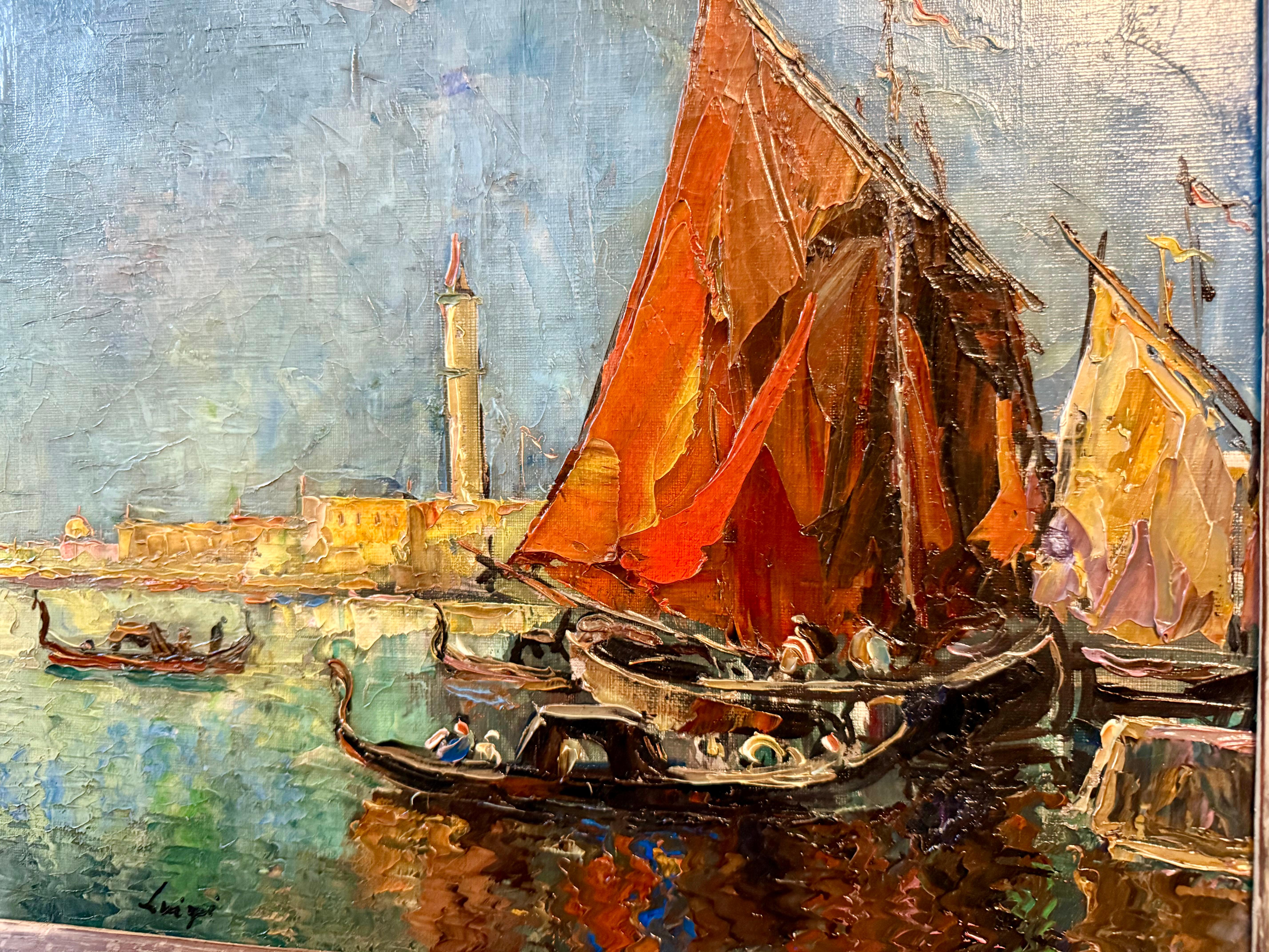View of St Mark’s from Venetian Lagoon, impasto ships contemporary - Painting by Luigi Pagan