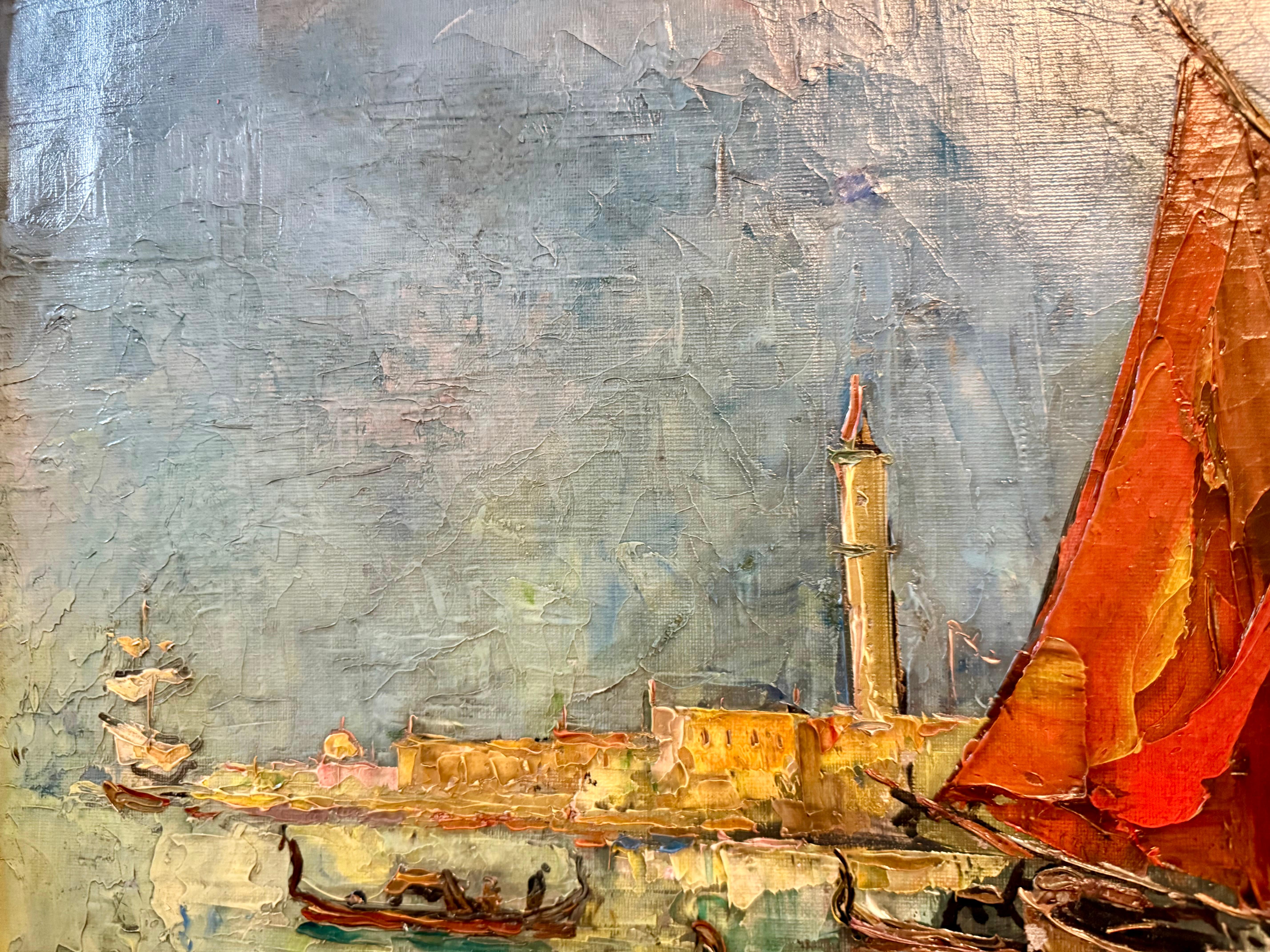 View of St Mark’s from Venetian Lagoon, impasto ships contemporary - Impressionist Painting by Luigi Pagan