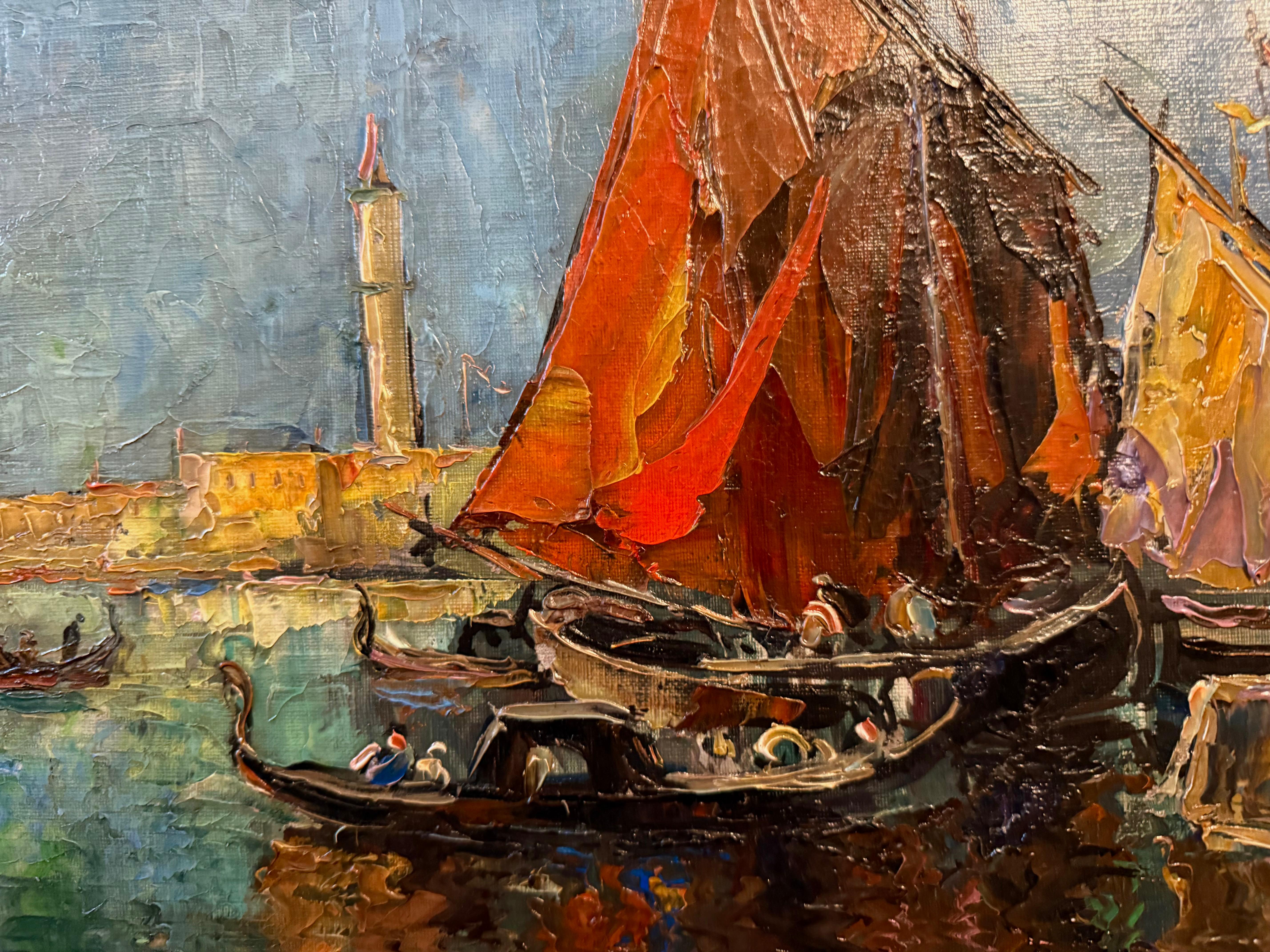 View of St Mark’s from Venetian Lagoon, impasto ships contemporary - Brown Landscape Painting by Luigi Pagan