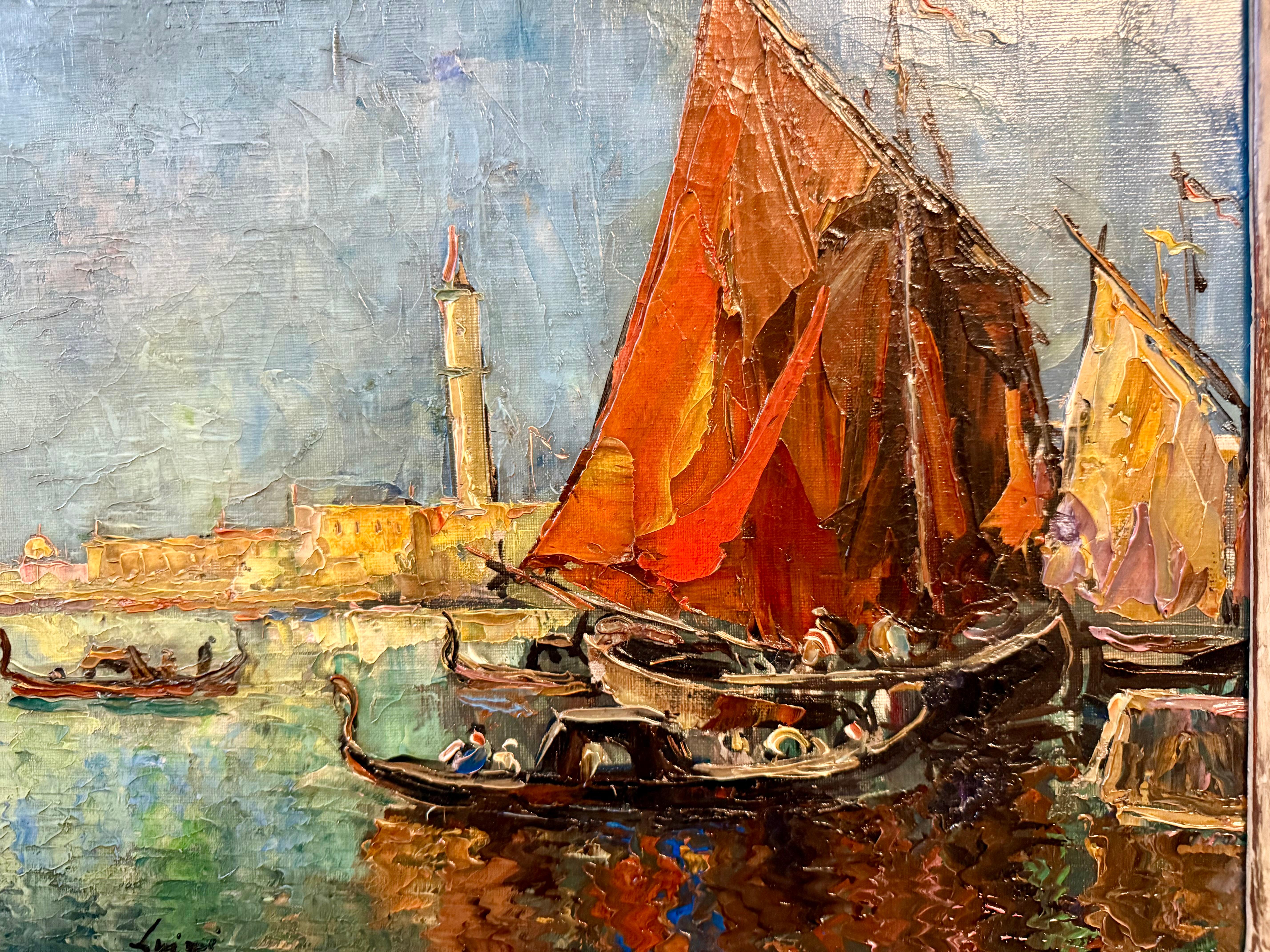 Venice in vivid impressionist color and impasto textured paint, this mid-century oil painting is attributed to Luigi Pagan (1907-1980), born in Venice and known for his many paintings of his native city. 

Pagan studied art in Turin and then