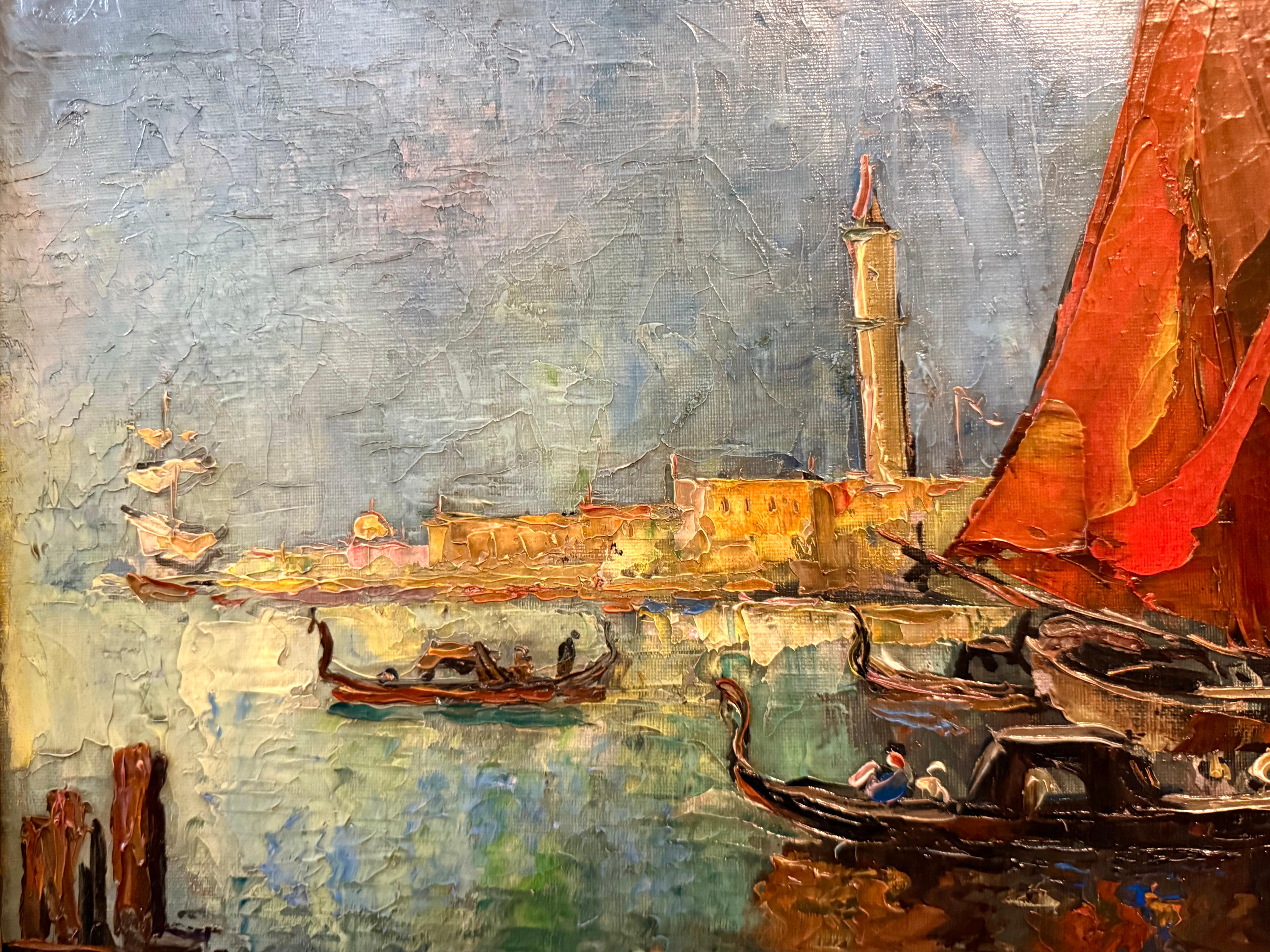 View of St Mark’s from Venetian Lagoon, impasto ships contemporary For Sale 1