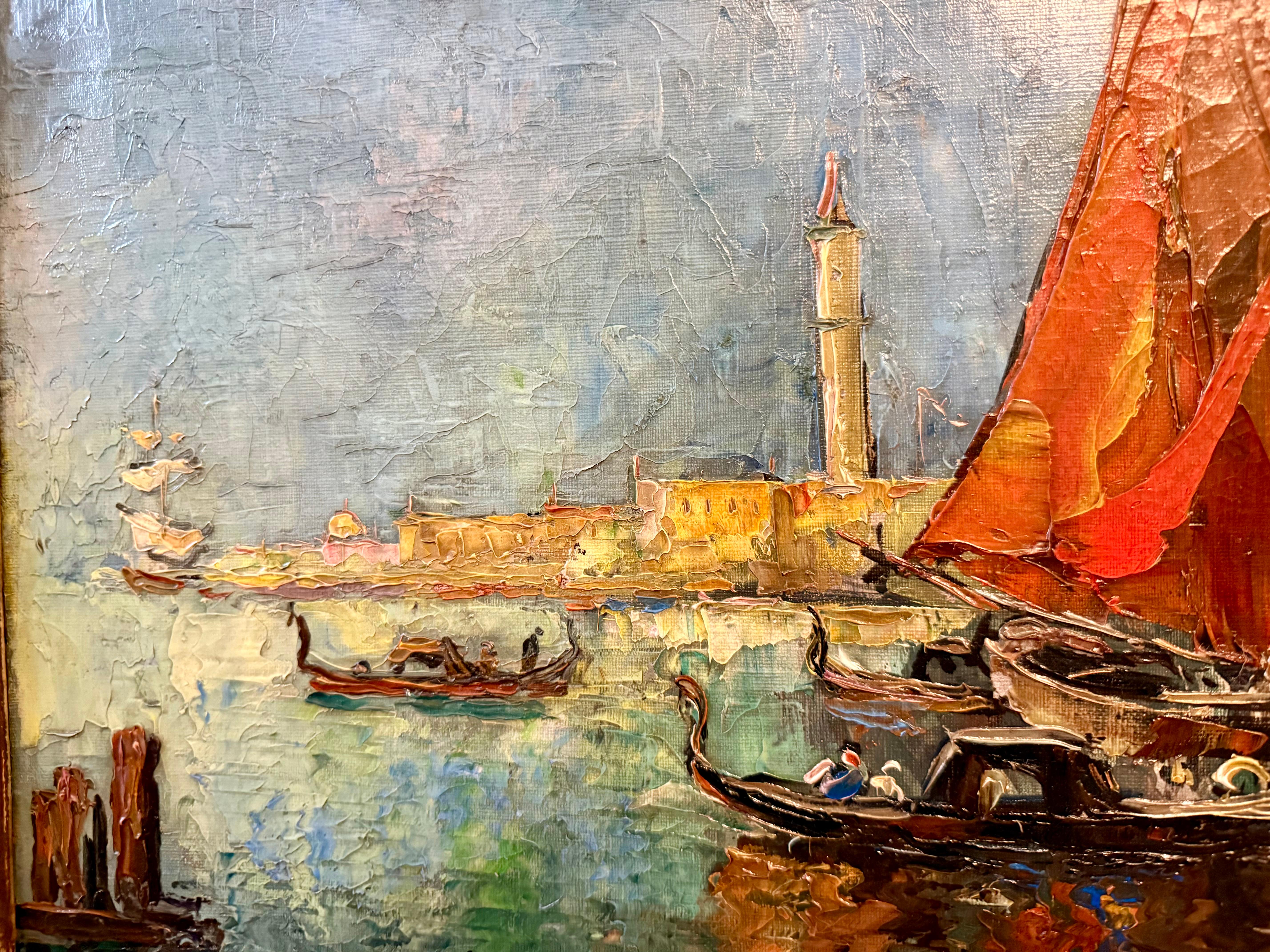 View of St Mark’s from Venetian Lagoon, impasto ships contemporary For Sale 3