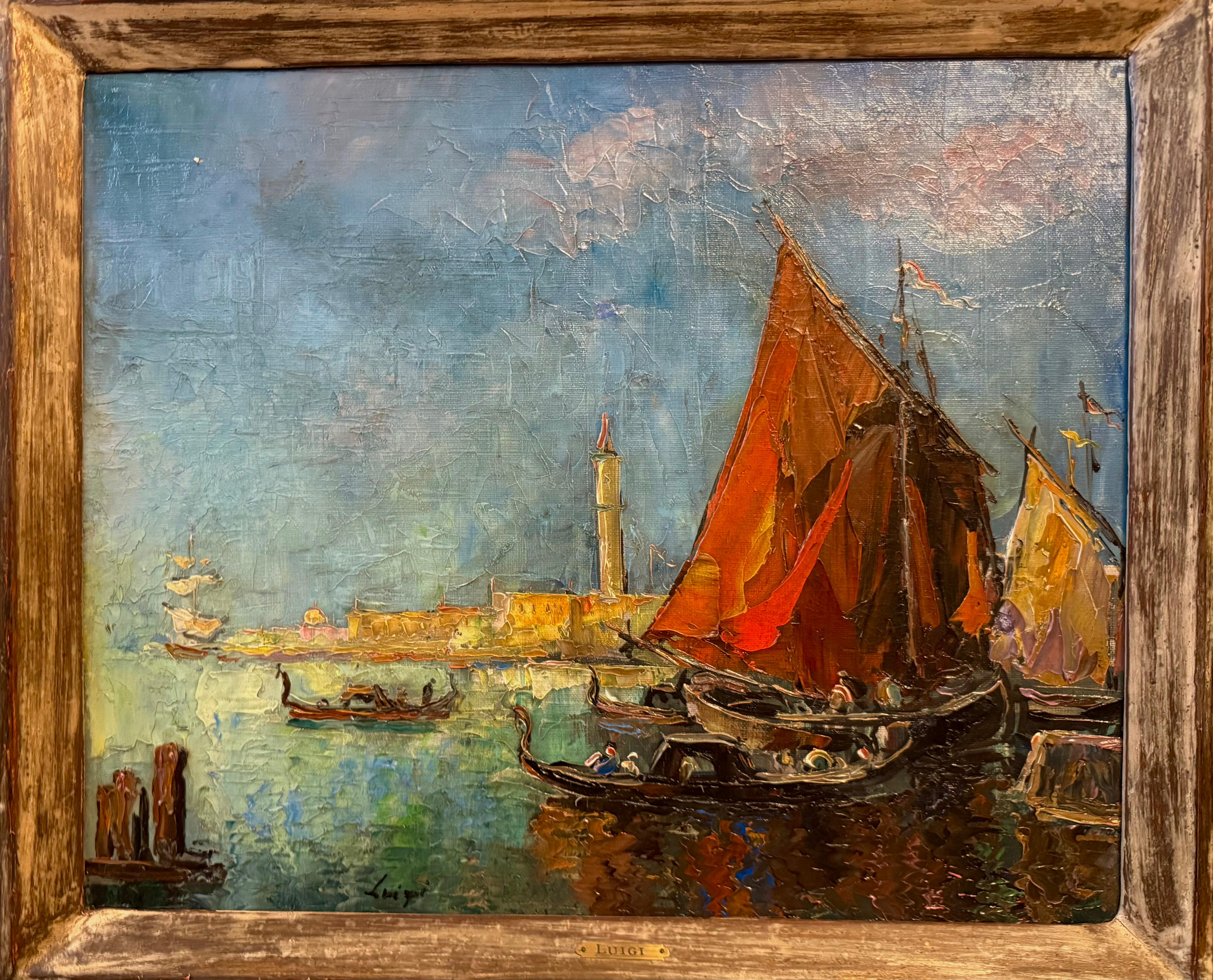 Luigi Pagan Landscape Painting - View of St Mark’s from Venetian Lagoon, impasto ships contemporary