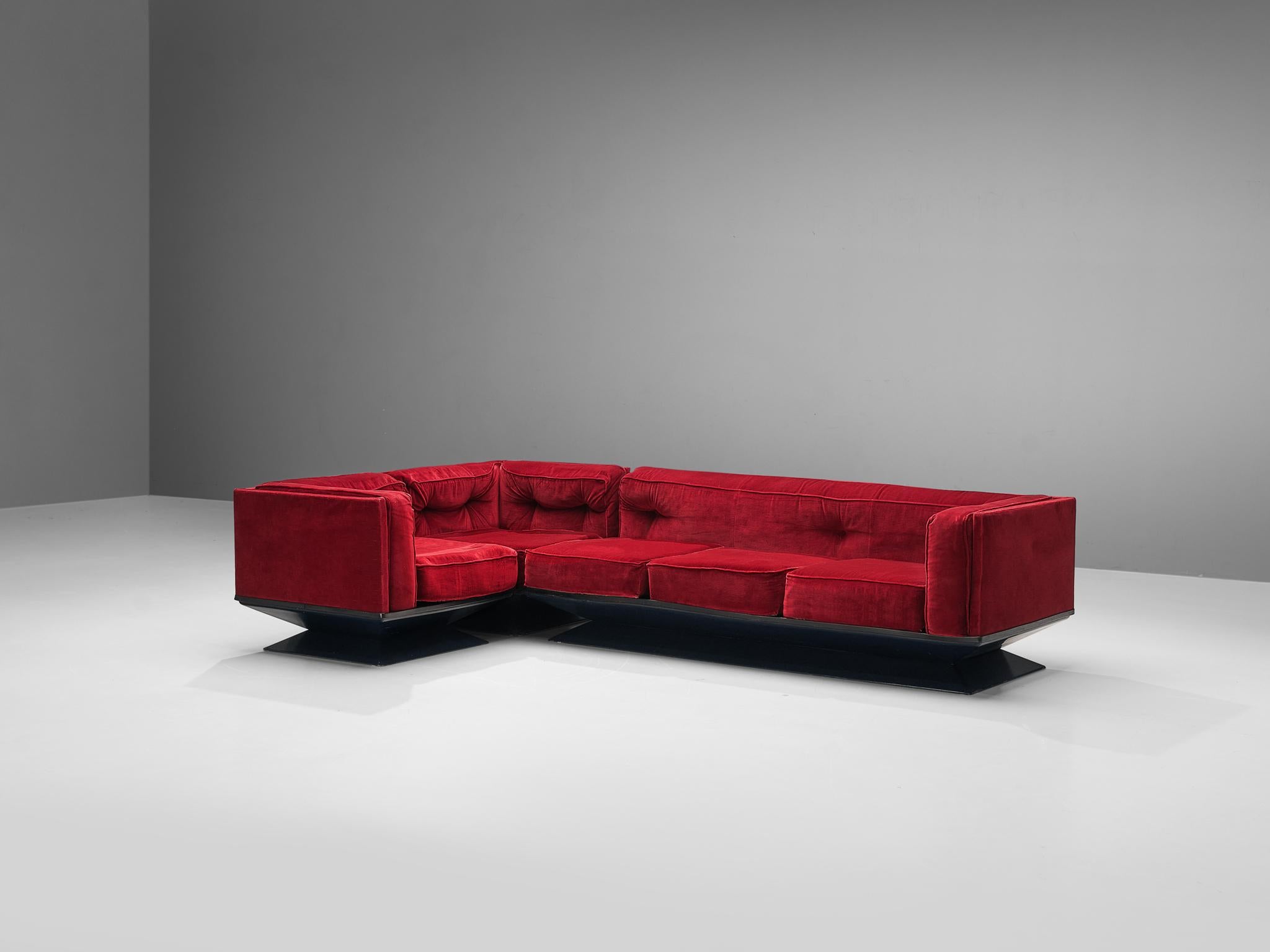 Mid-Century Modern Luigi Pellegrin for MIM Roma Modular Sofa in Red Velvet  For Sale