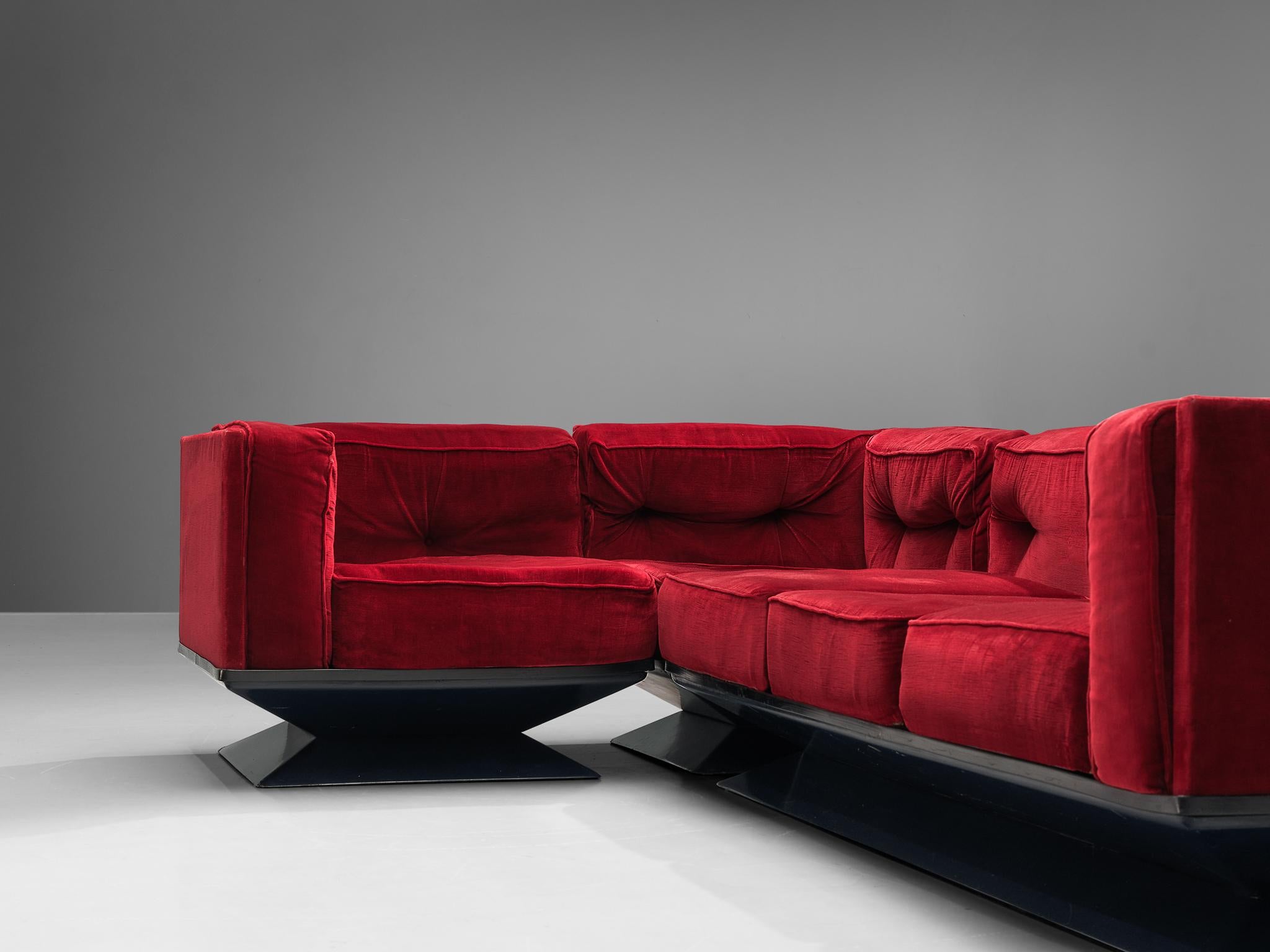 Italian Luigi Pellegrin for MIM Roma Modular Sofa in Red Velvet  For Sale
