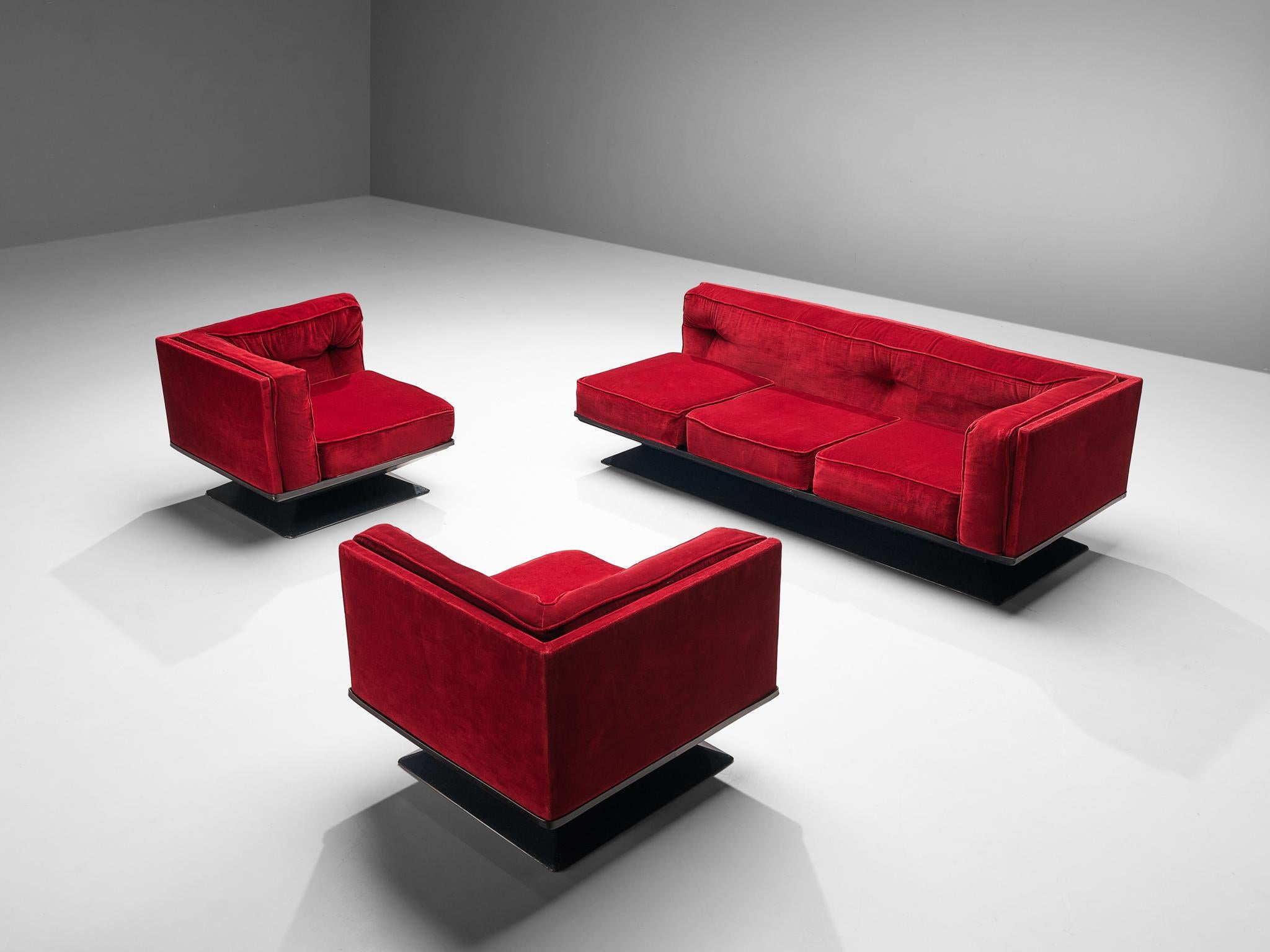 Luigi Pellegrin for MIM Roma Modular Sofa in Red Velvet  In Good Condition For Sale In Waalwijk, NL