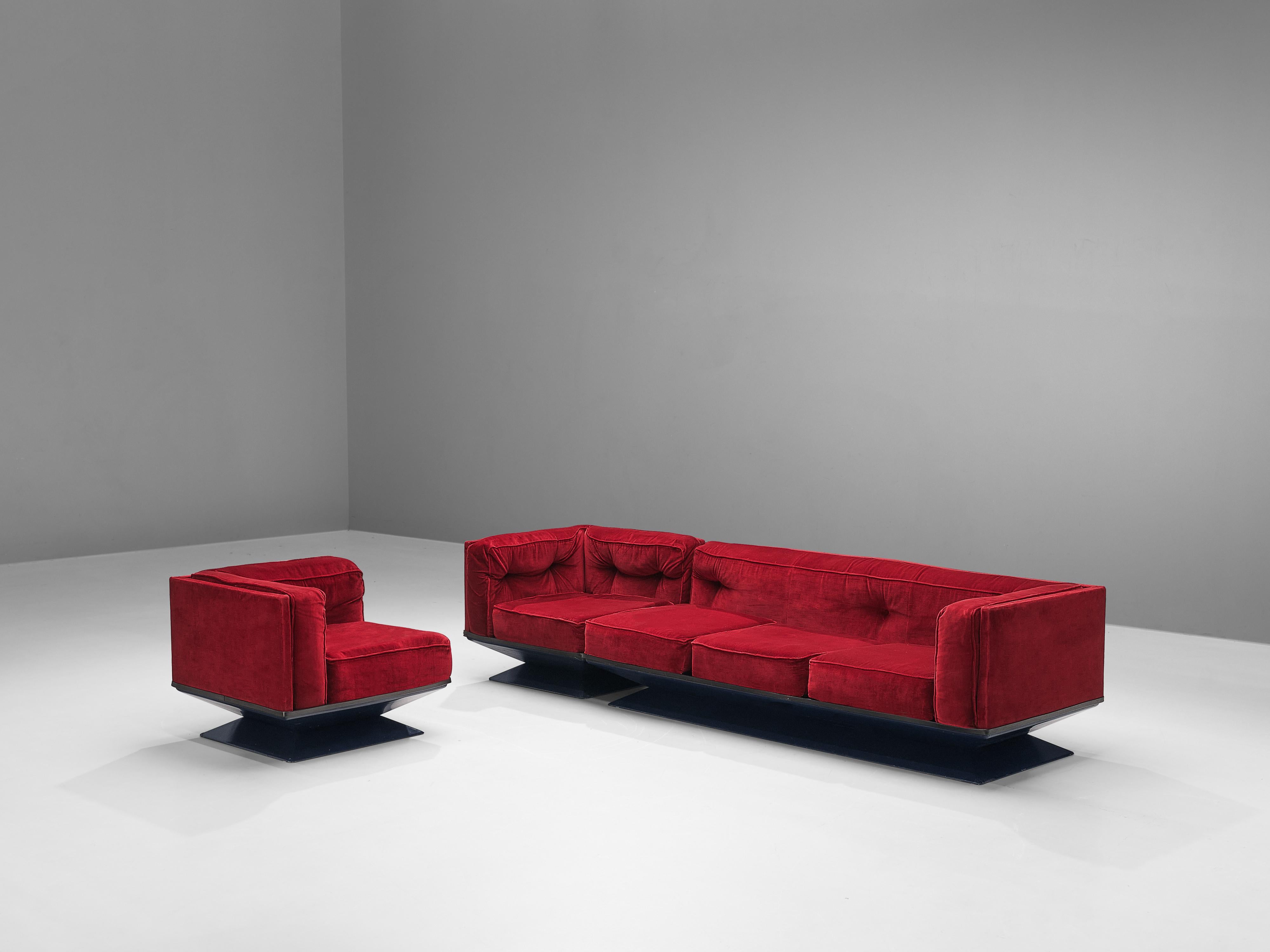 Italian Luigi Pellegrin for MIM Roma Modular Sofa in Red Velvet