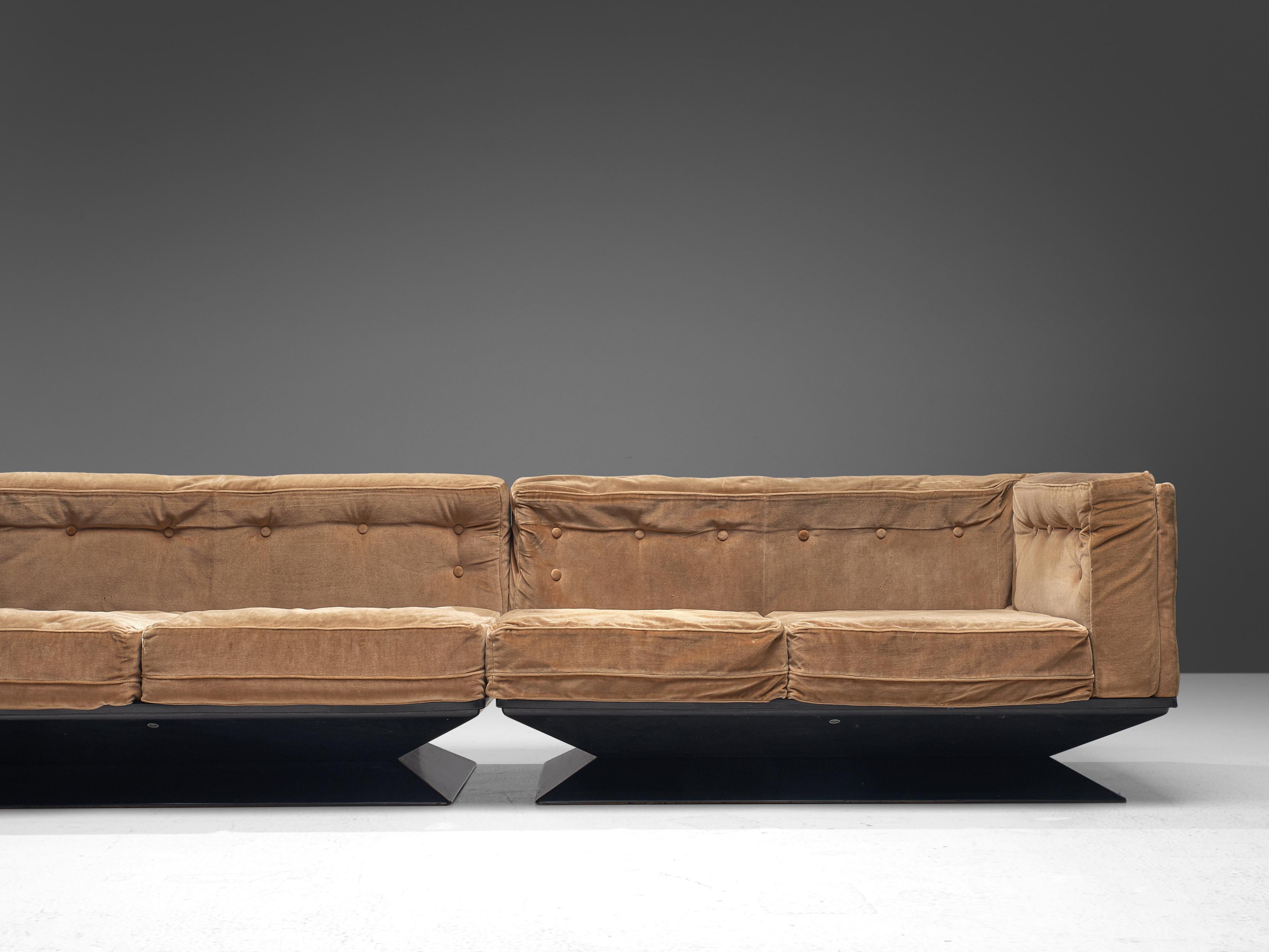Metal Luigi Pellegrin for MIM Roma Sectional Sofa in Light Brown Velvet Upholstery