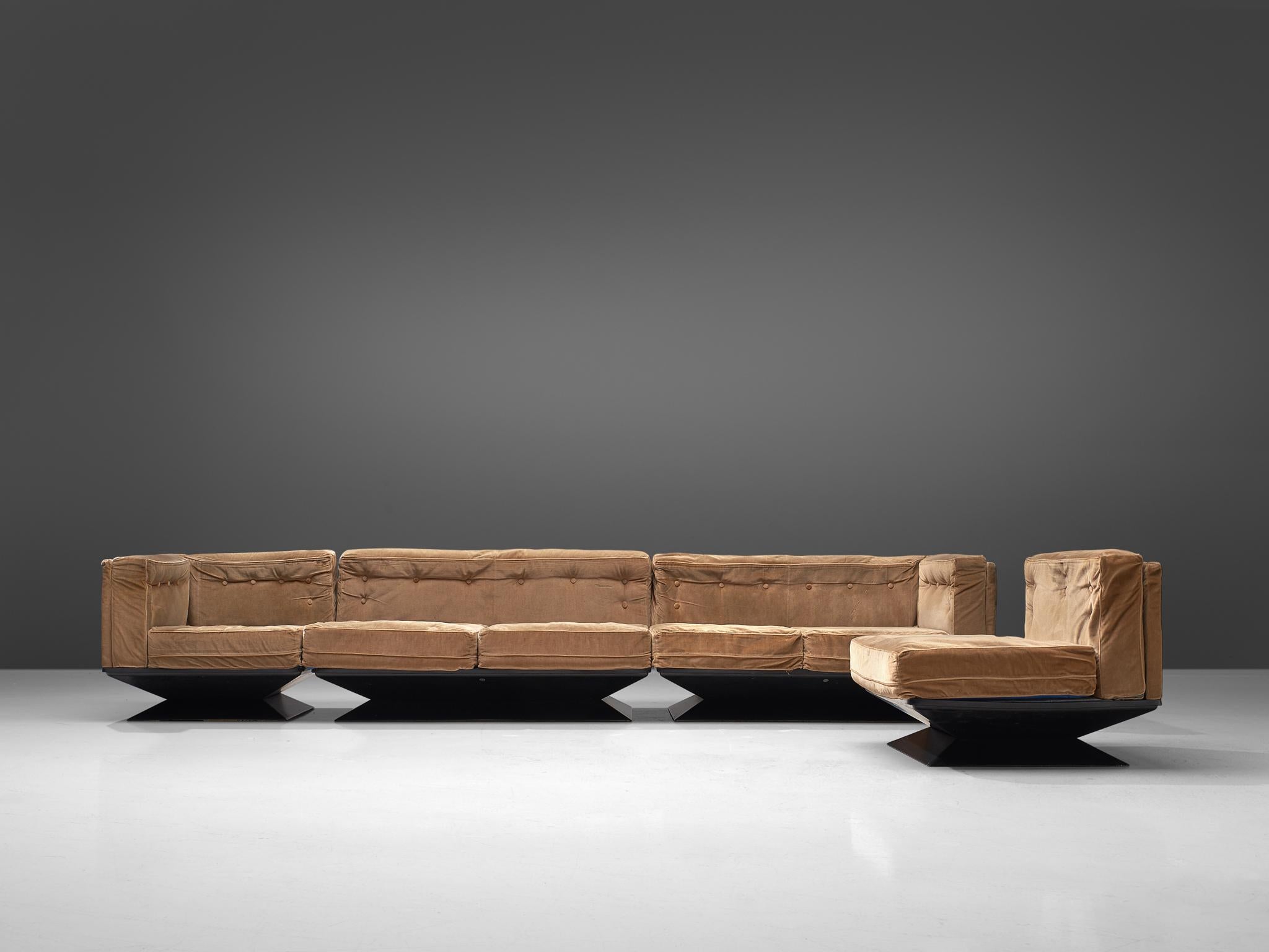 Mid-Century Modern Luigi Pellegrin for MIM Roma Sectional Sofa in Light Brown Velvet Upholstery