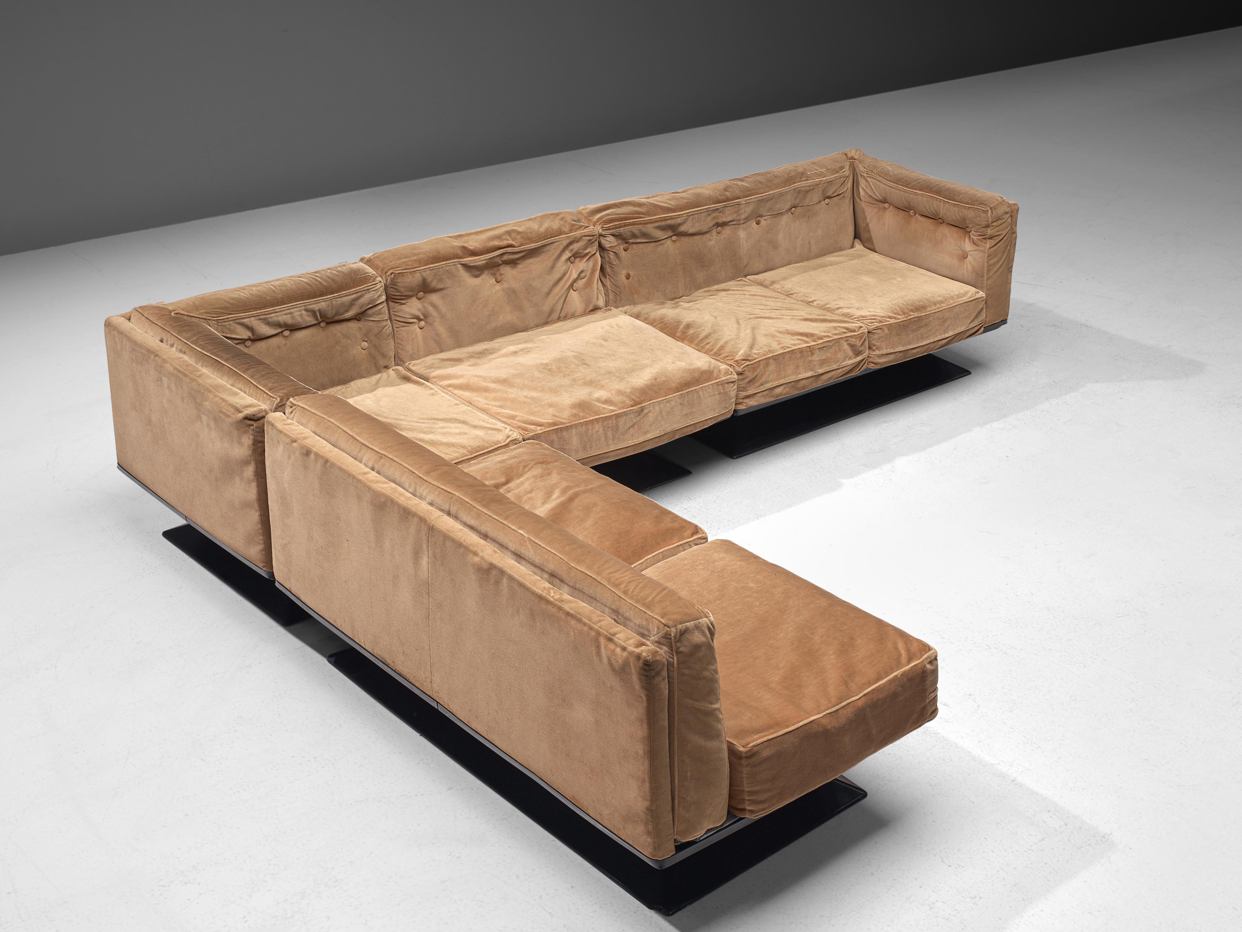 Mid-Century Modern Luigi Pellegrin for MIM Roma Sectional Sofa in Light Brown Velvet Upholstery