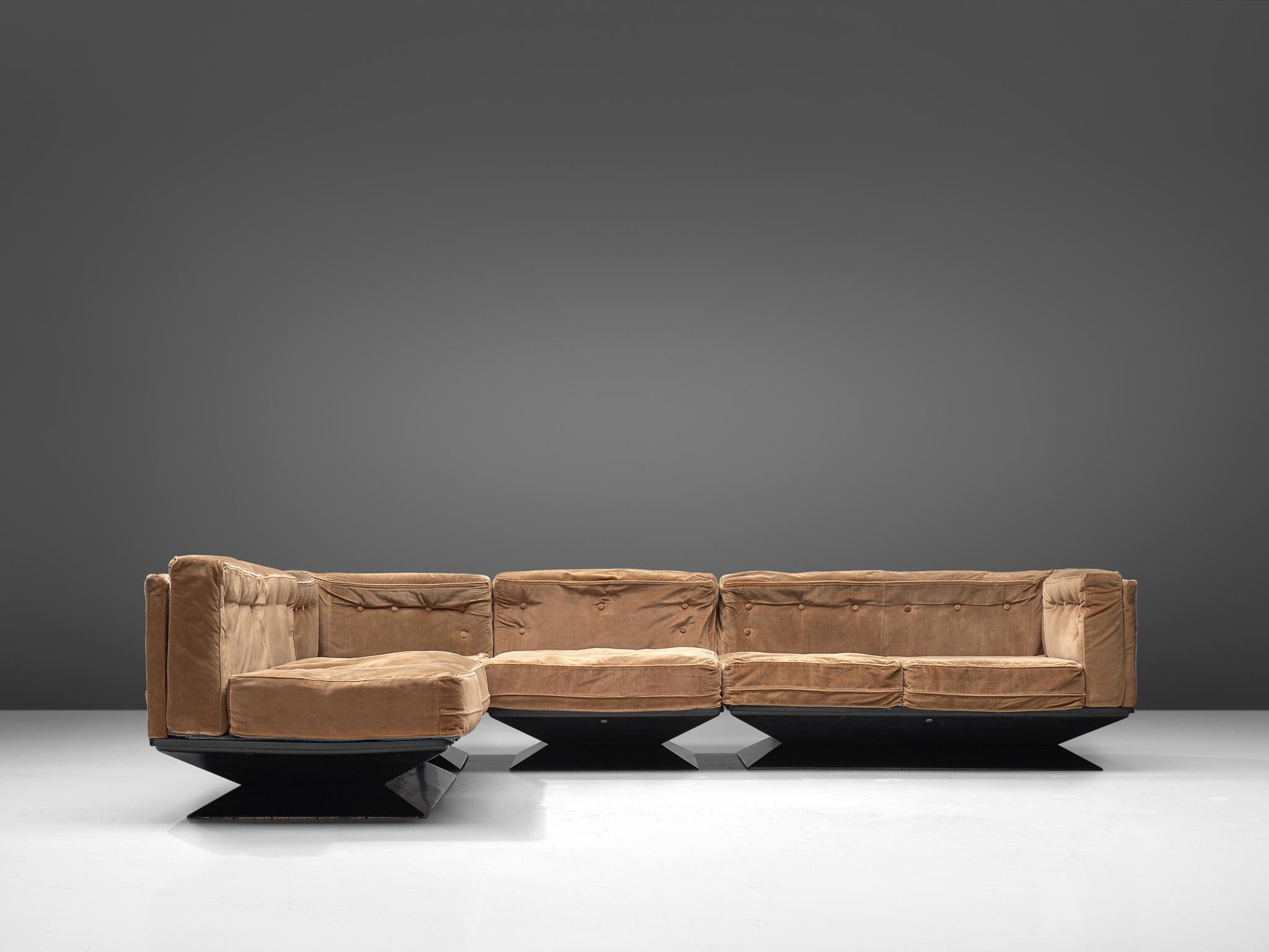 Mid-20th Century Luigi Pellegrin for MIM Roma Sectional Sofa in Light Brown Velvet Upholstery
