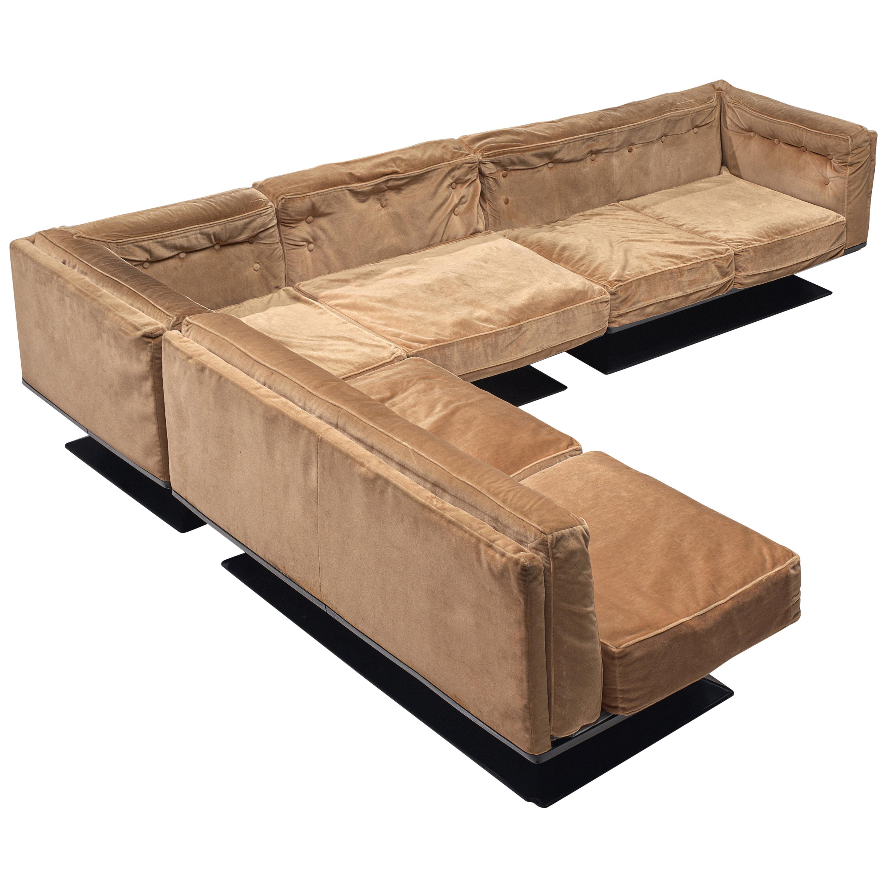 Luigi Pellegrin for MIM Roma Sectional Sofa in Light Brown Velvet Upholstery