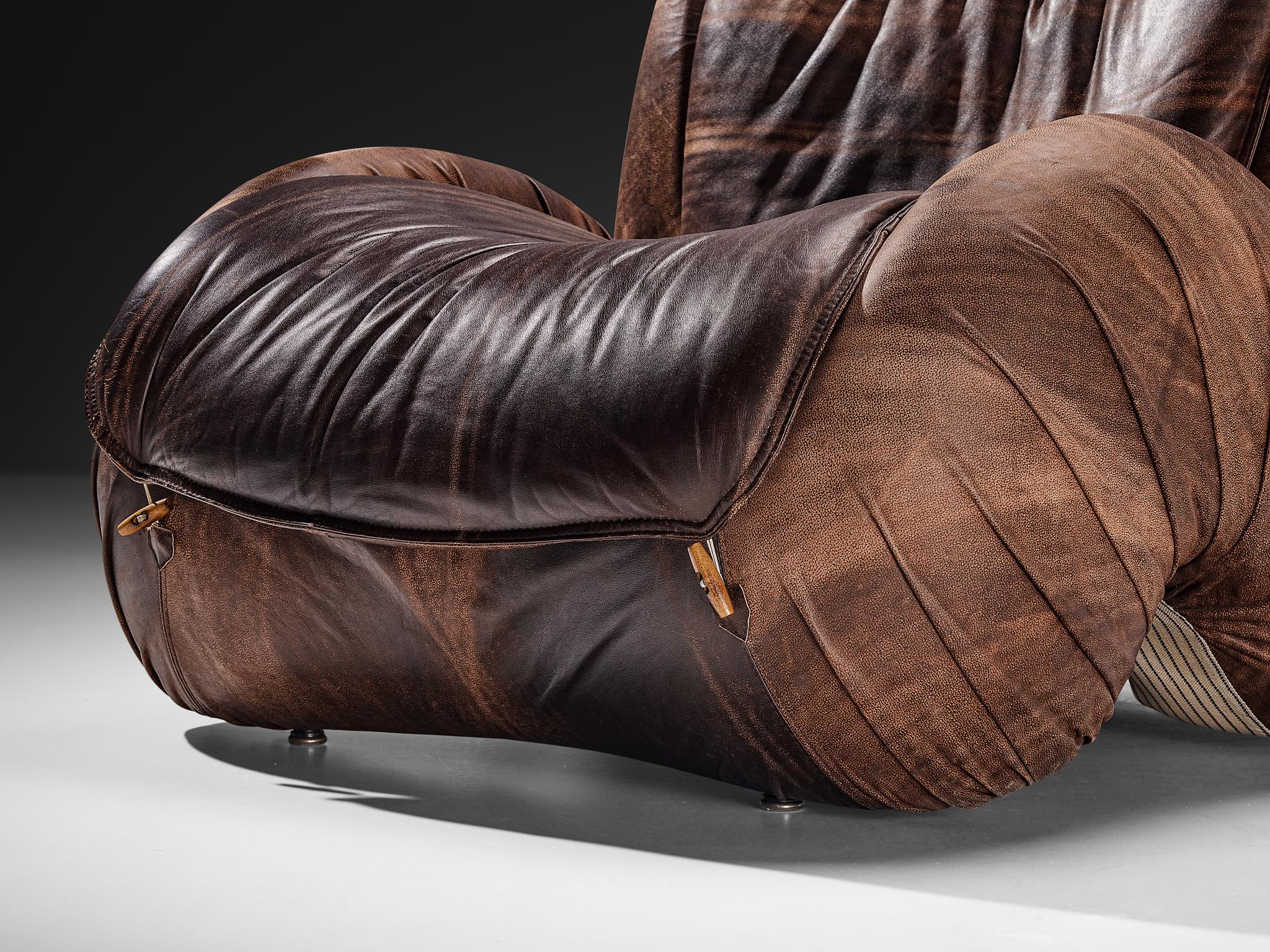 Late 20th Century Luigi Radaelli Italian 'Tartana' Lounge Chair in Brown Leather For Sale