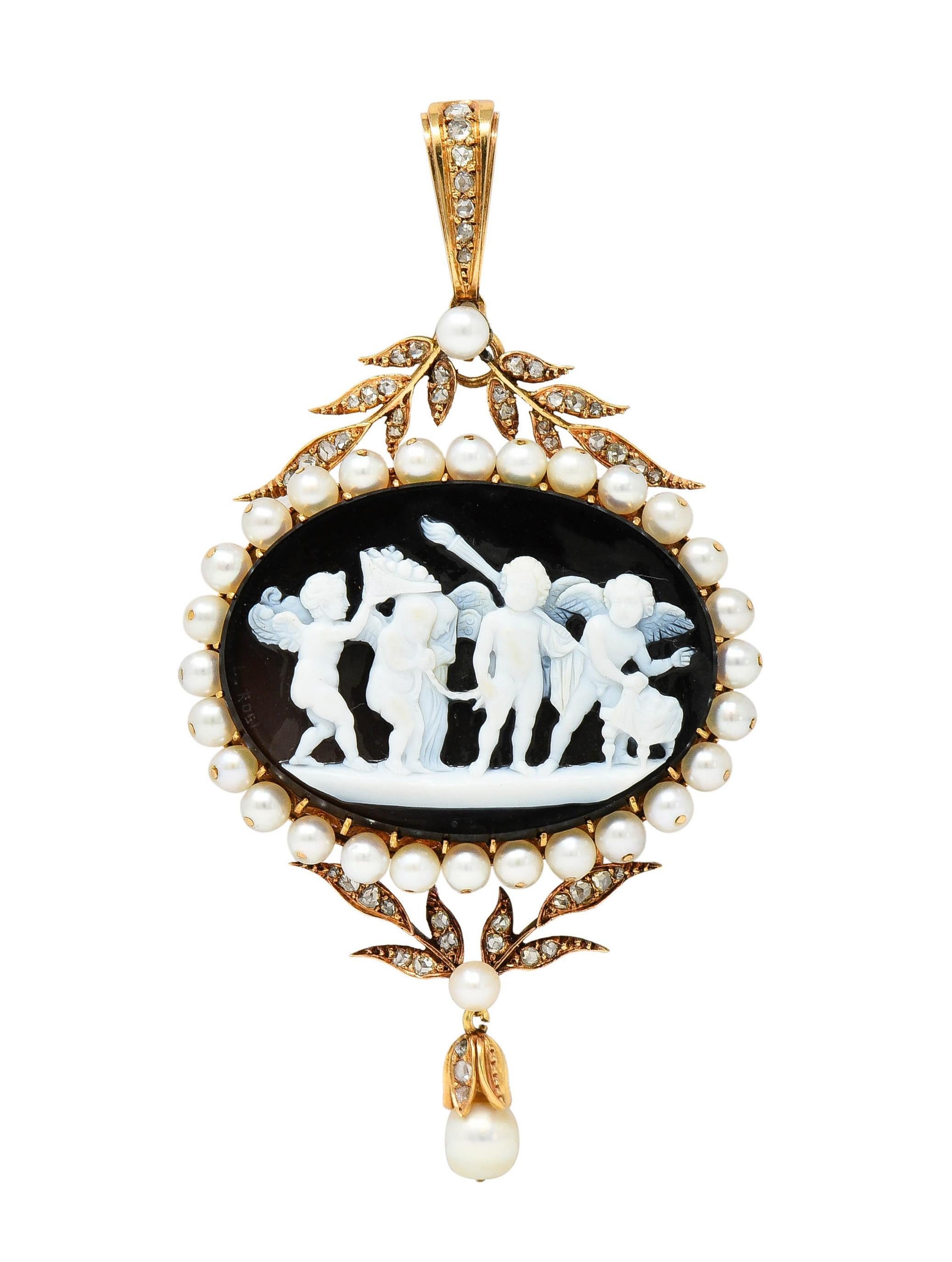 Luigi Rosi Victorian Diamond Agate 18K Gold Antique Cupid Cameo Locket Pendant For Sale 9