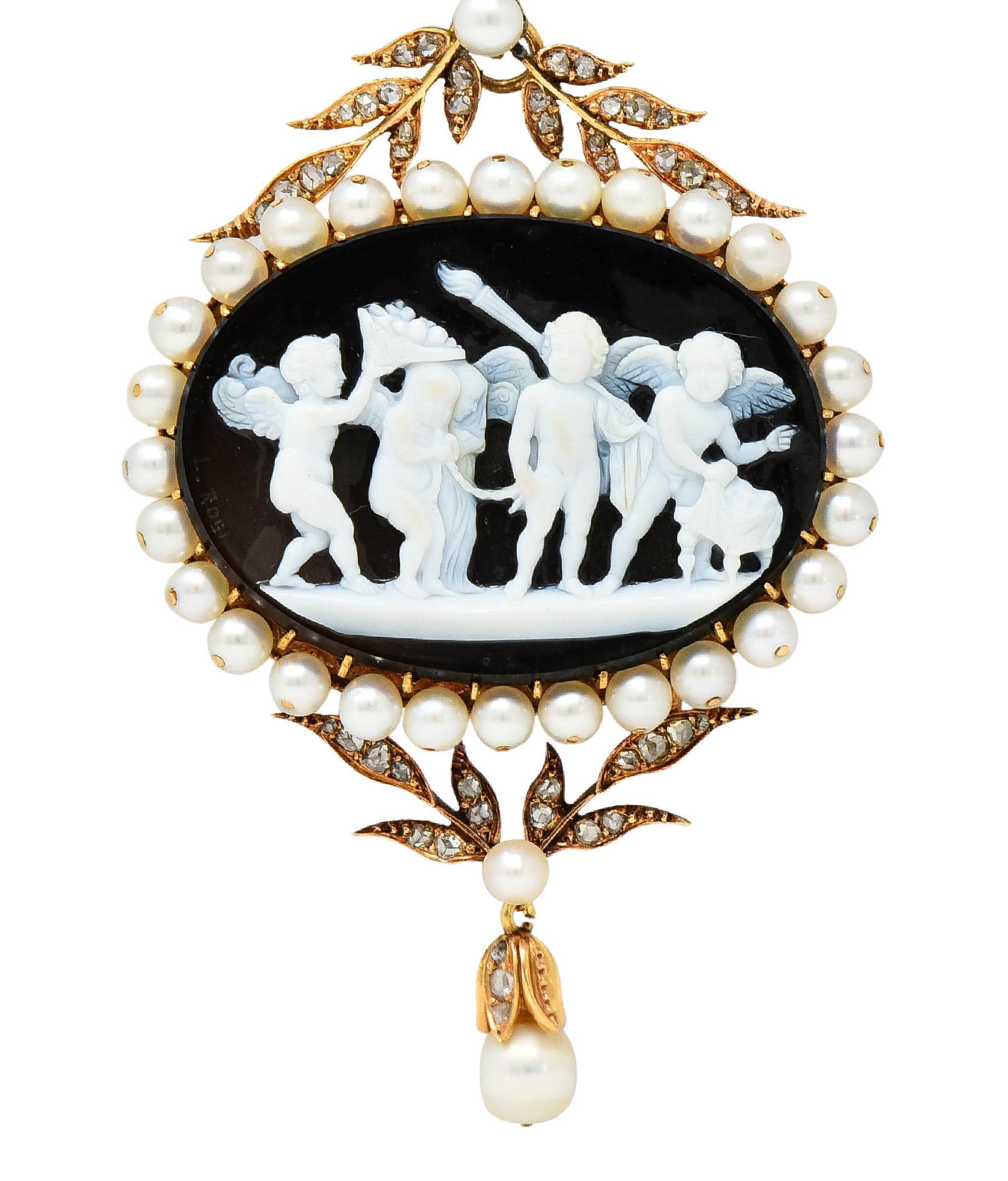 Designed as an oval-shaped pendant suspended from bale with dimensional foliate motif surrounds and drop
Featuring an oval-shaped plaque of agate measuring 29.0 x 40.0 mm carved with detailed cameo
Depicting a Marlborough Gem carving of the marriage