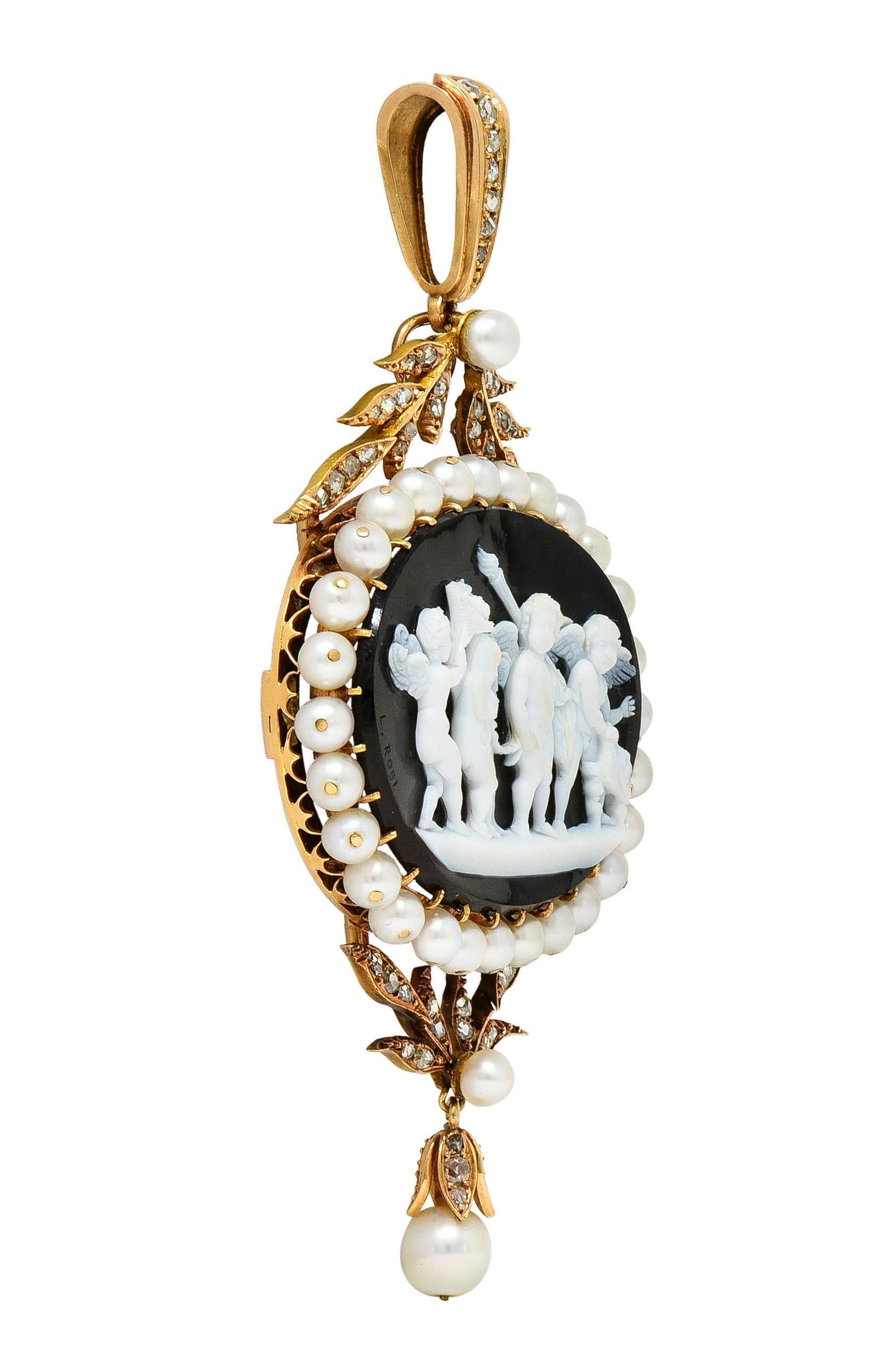 Women's or Men's Luigi Rosi Victorian Diamond Agate 18K Gold Antique Cupid Cameo Locket Pendant For Sale