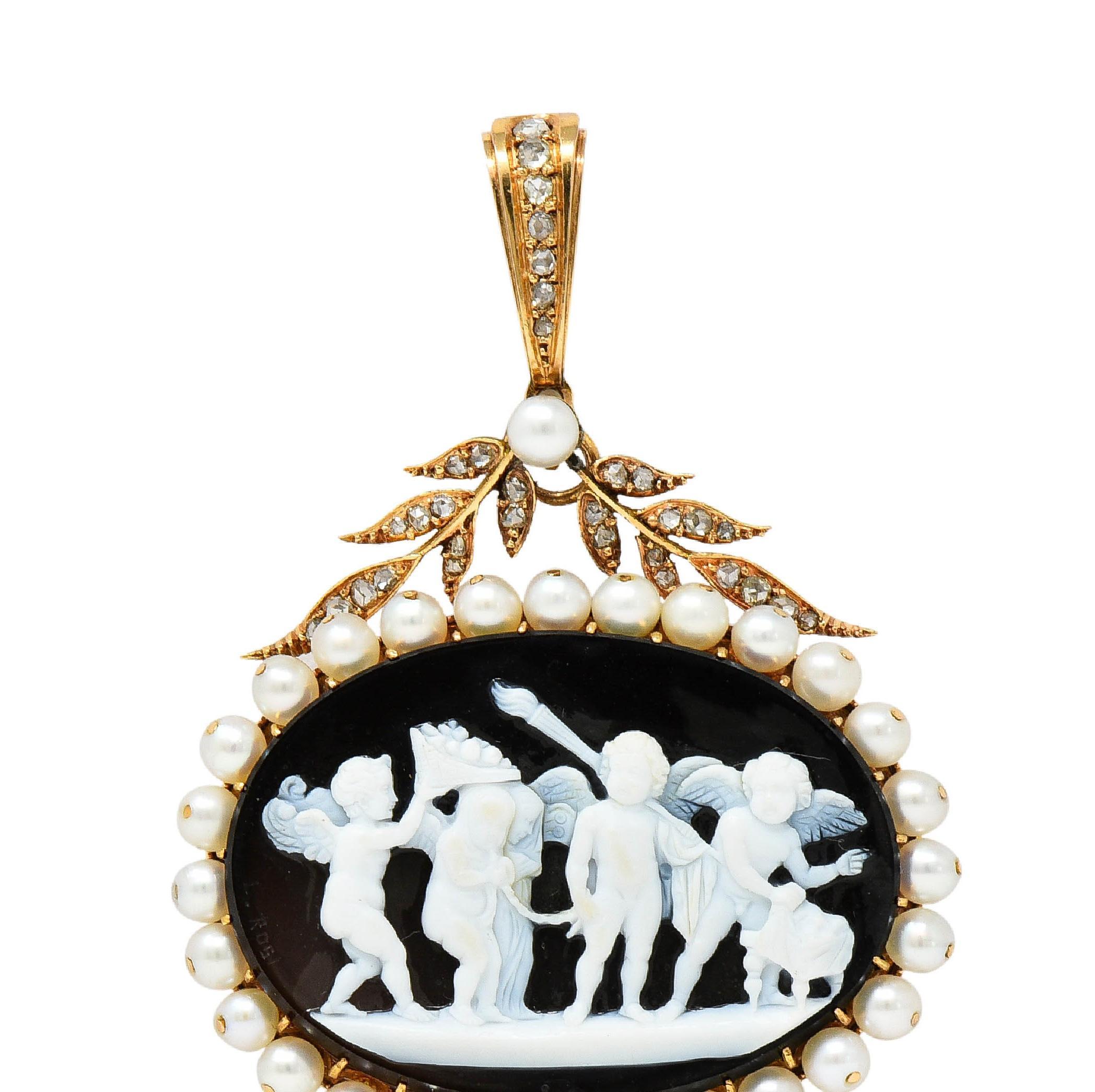 Luigi Rosi Victorian Diamond Agate 18K Gold Antique Cupid Cameo Locket Pendant For Sale 1