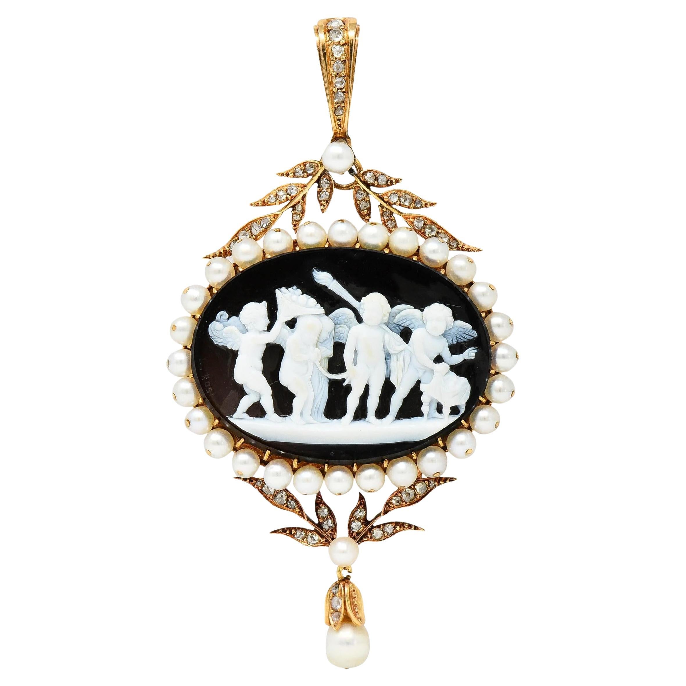 Luigi Rosi Pendentif médaillon victorien ancien camée de Cupidon en or 18 carats avec agate et diamants