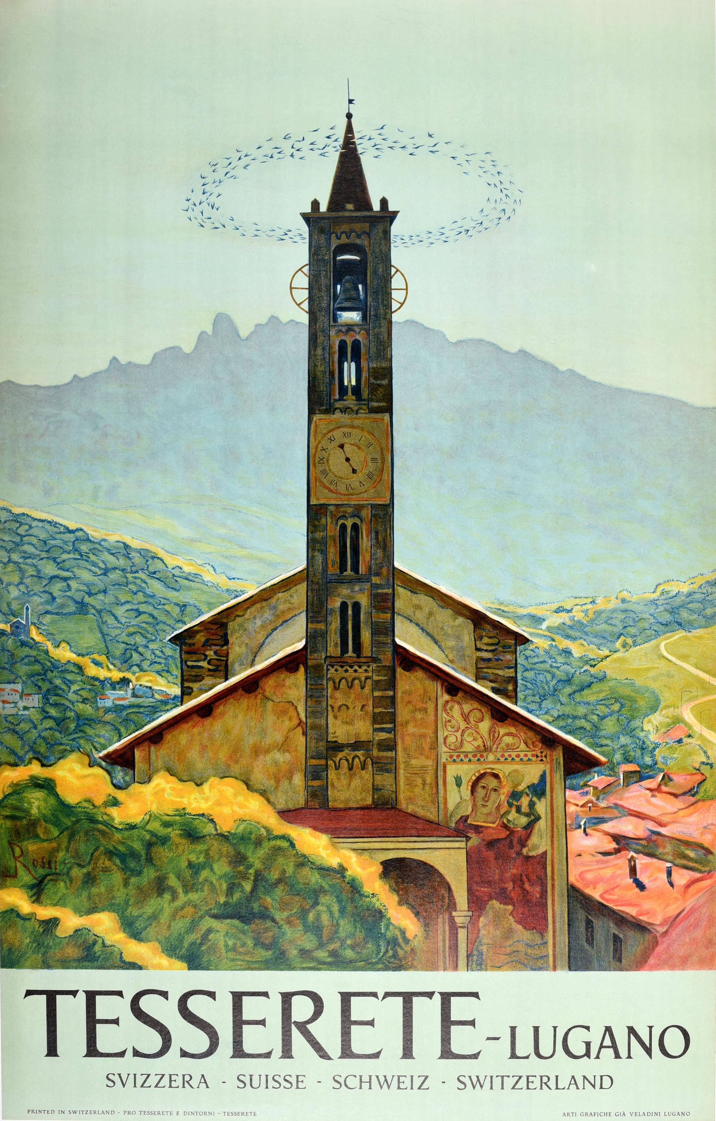 Luigi Rossi Print - Original Vintage Travel Poster Tesserete Lugano Switzerland Santo Stefano Church