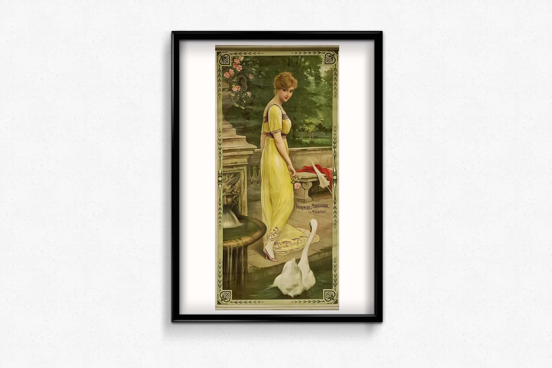 Very beautiful lithograph printed on silk by Luigi Rossi (1853-1923) representing a young elegant woman and a swan.