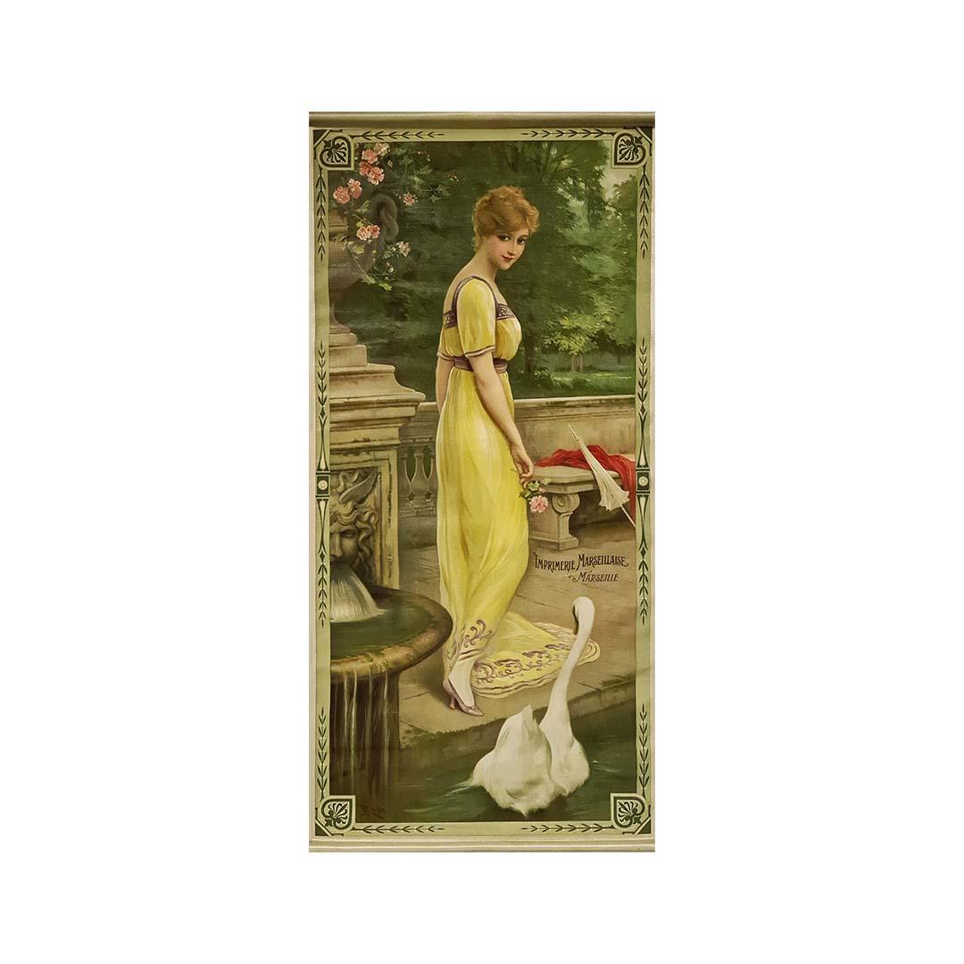 Lithograph printed on silk by Luigi Rossi Le cygne Art Nouveau