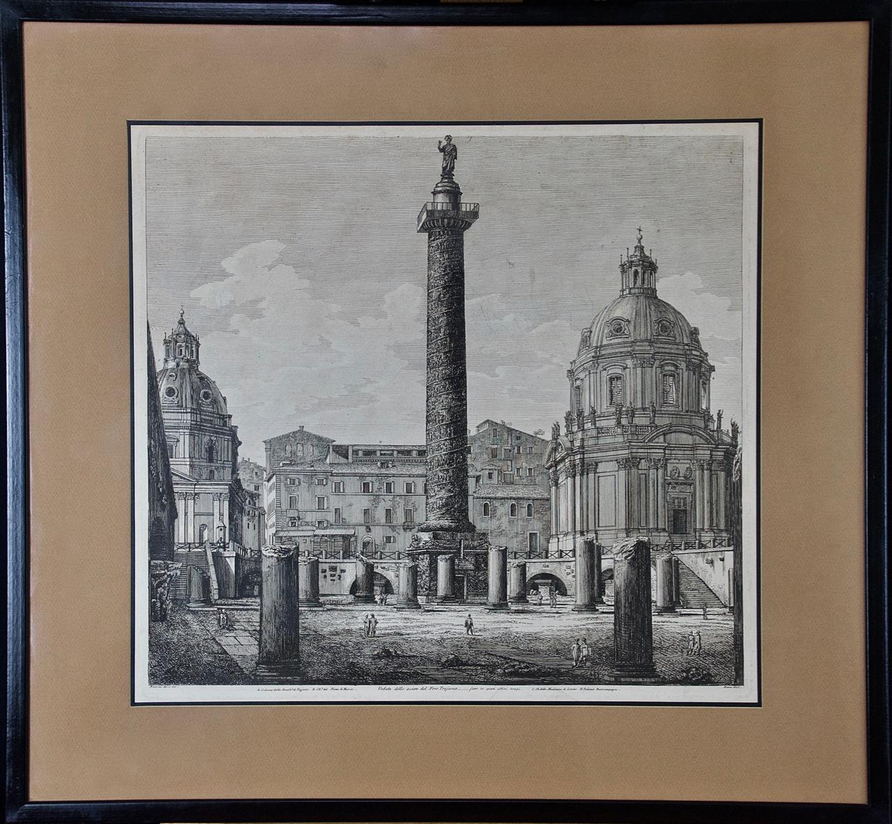 Column of Trajan in Rome: A Framed Original 19th C. Etching by Luigi Rossini