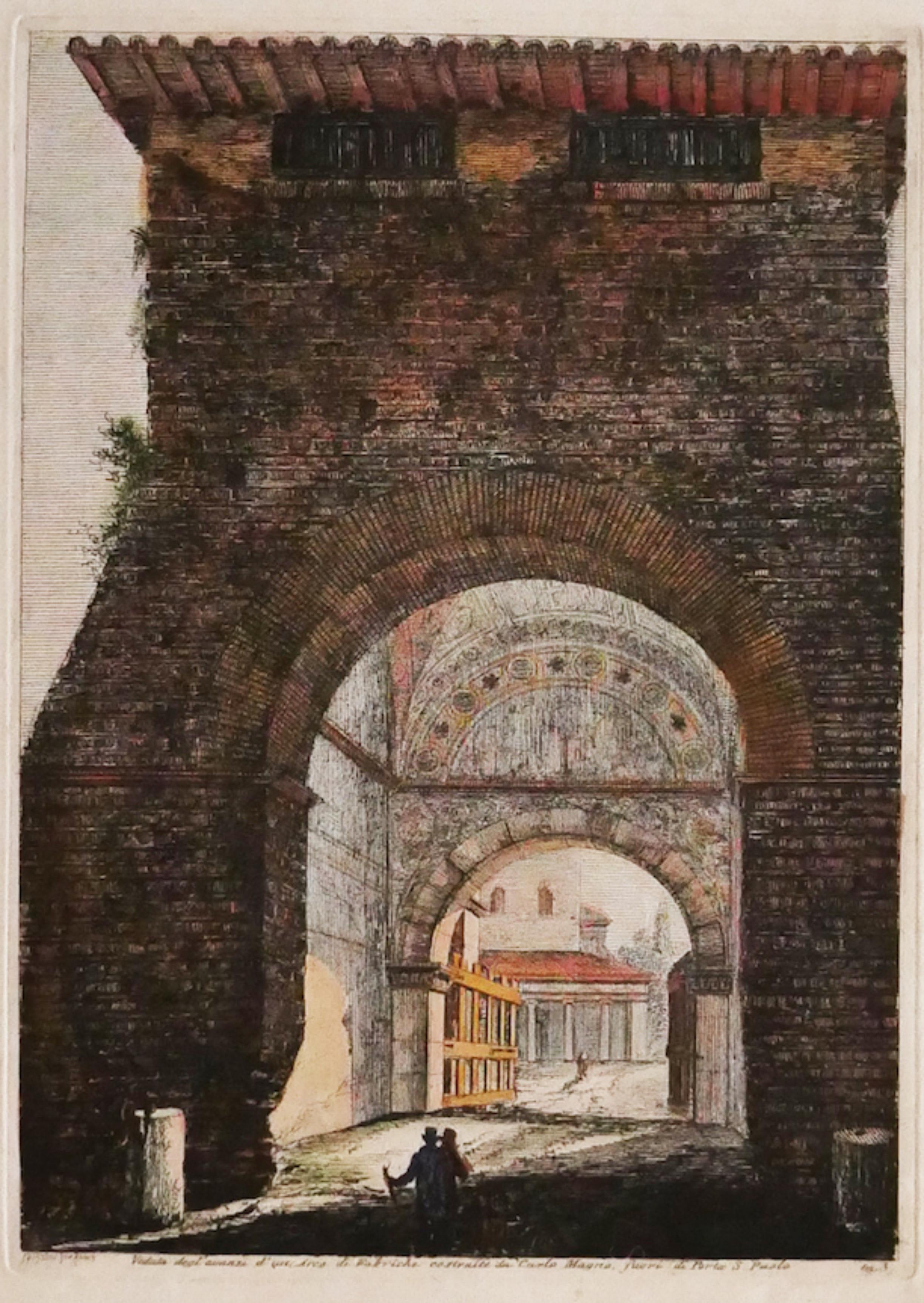 L'arche est une gravure originale coloriée à la main, réalisée par Luigi Rossini (1790-1857) avec description en bas.

En bon état, avec quelques pliures. Dimensions de l'image : 25 x 18 cm 

L'œuvre d'art représente l'arc romain, à travers des