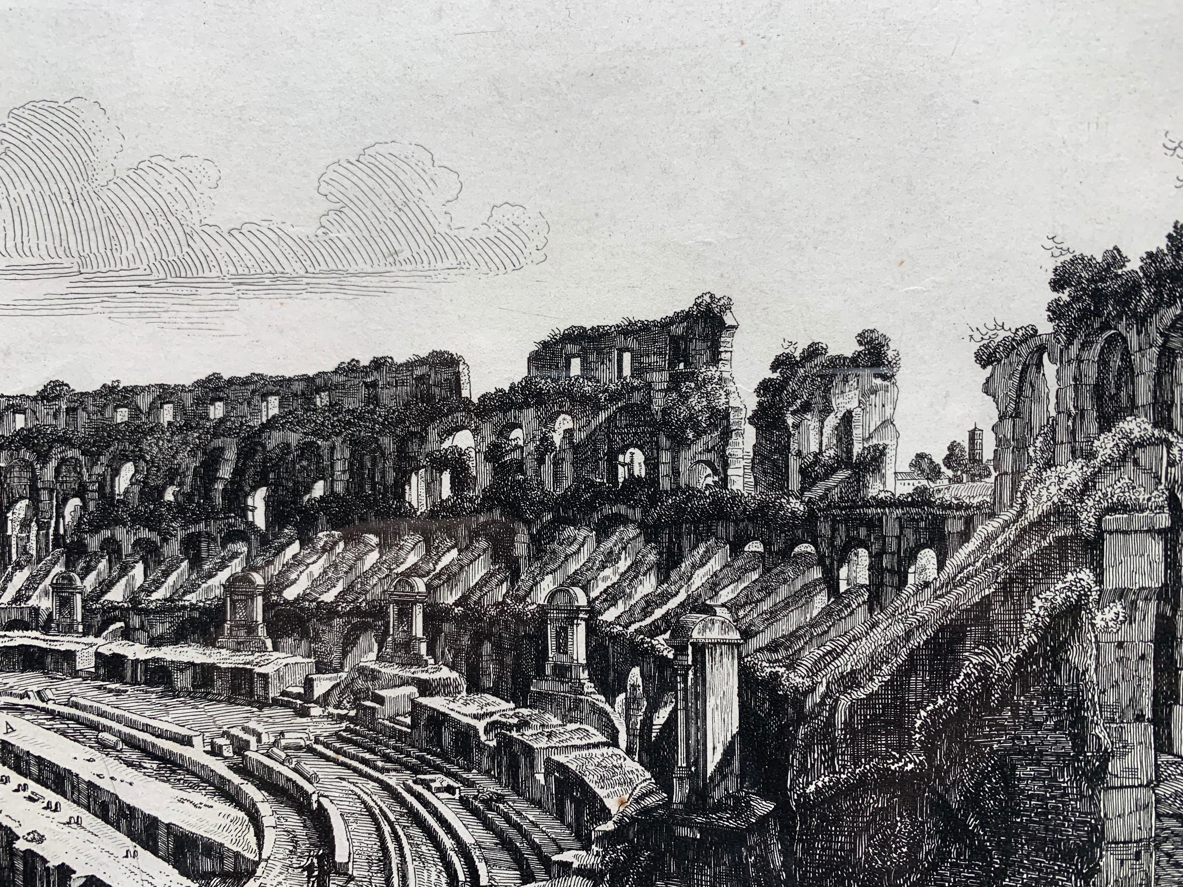 The interior of the Colosseum in Rome, viewed from one end of the arena, with several couples, either grand tourists or surveyors, strolling around the ruined structure. It depicts the ongoing excavations to reveal the substructure that had