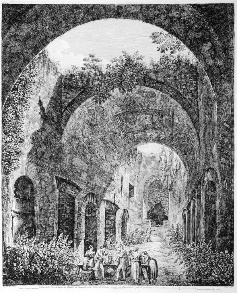 Interno della Nave di mezzo del Tempio di Serapide nella Città di Canopo, vicino ad Alessandria is an original etching realized by Luigi Rossini.
From the collection “Le antichità de’ contorni di Roma (...)”, it is a wonderful proof with sharp