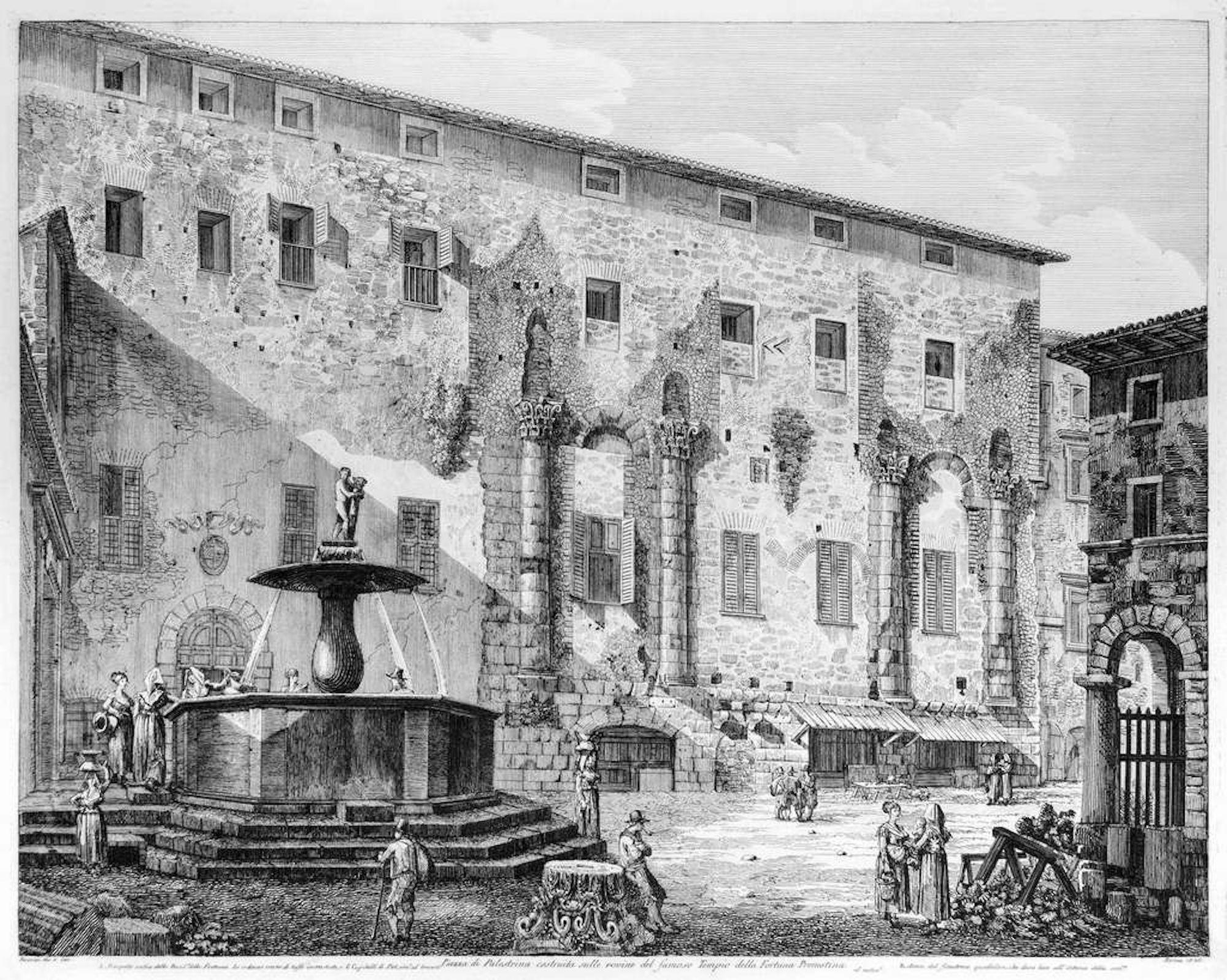 Luigi Rossini Figurative Print - Piazza di Palestrina costruita sulle rovine del famoso Tempio della Fortuna...