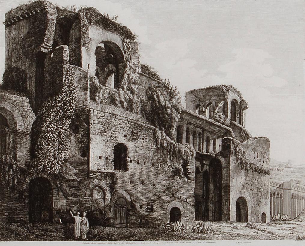 Les ruines des baignoires romaines de Belisarius : eau-forte du 19e siècle de Luigi Rossini en vente 1