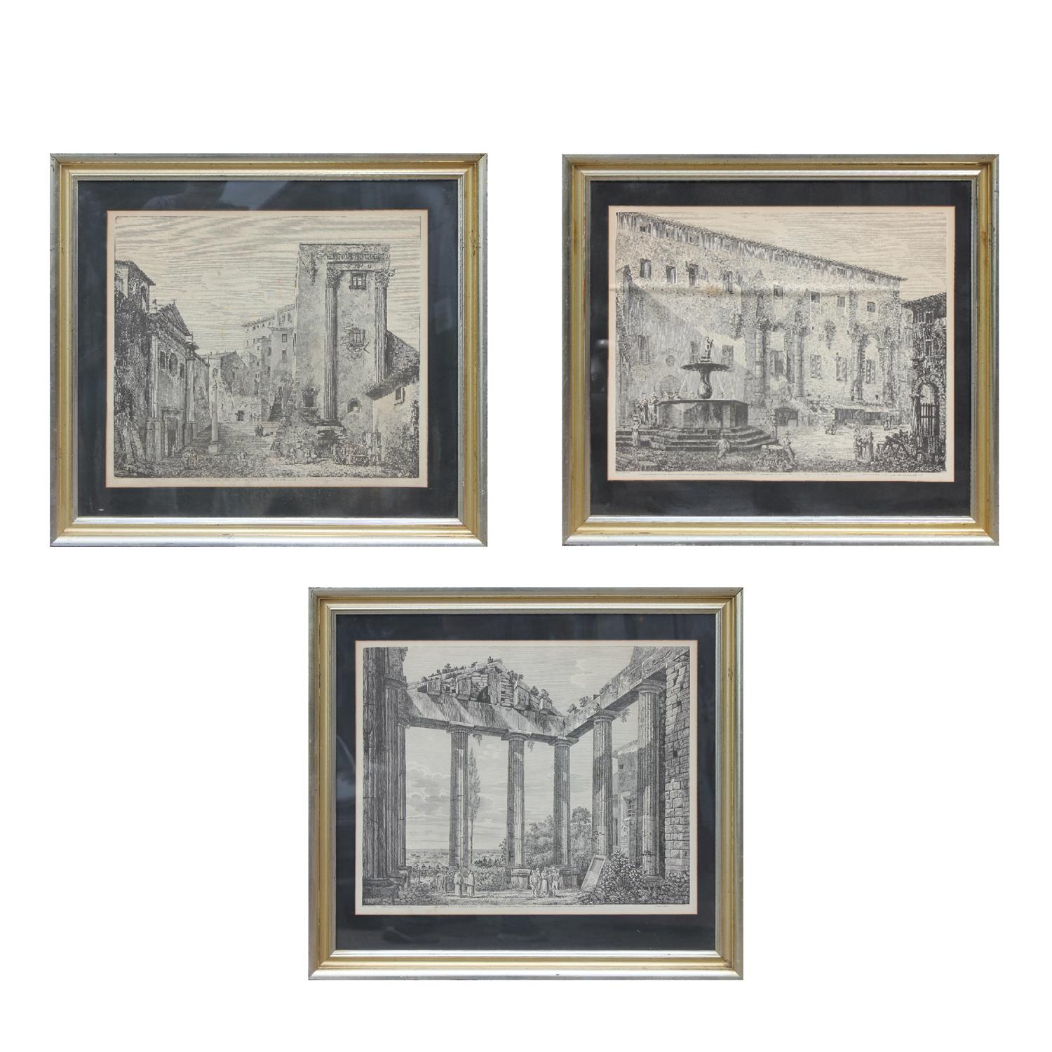 Luigi Rossini Figurative Print - Set of 3 Etchings of Roman / Italian Architectural Landscapes