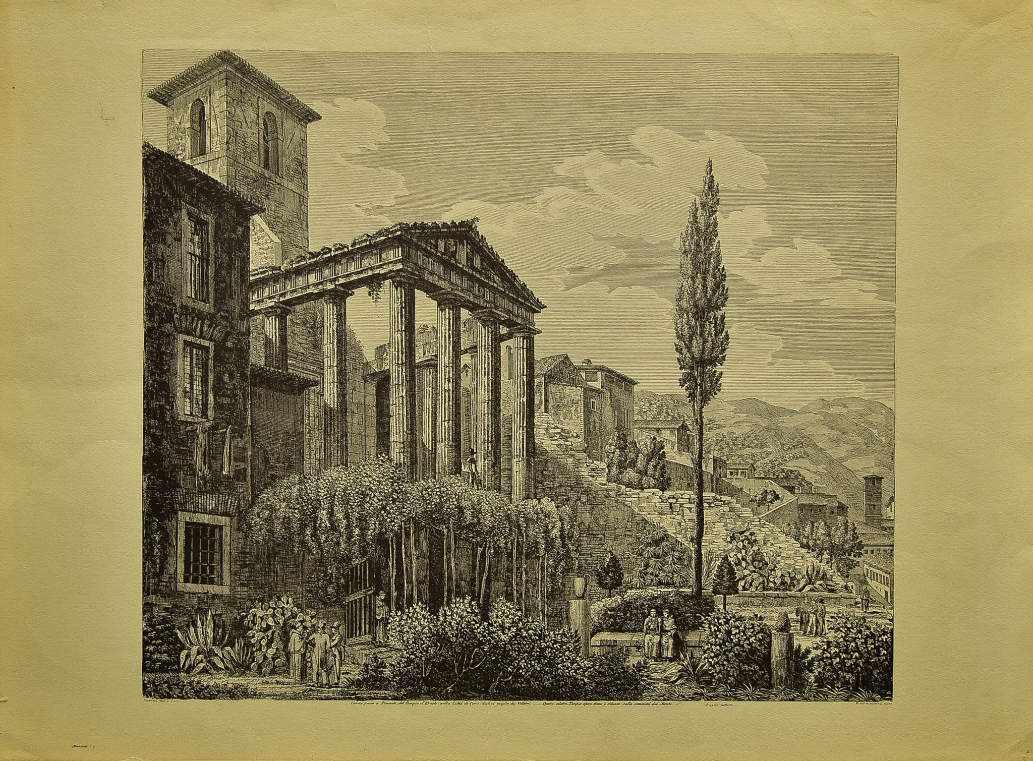 Luigi Rossini Landscape Print - "Veduta da Ponente del Tempio di Ercole", Lithographic Etching, Printed in 1957.