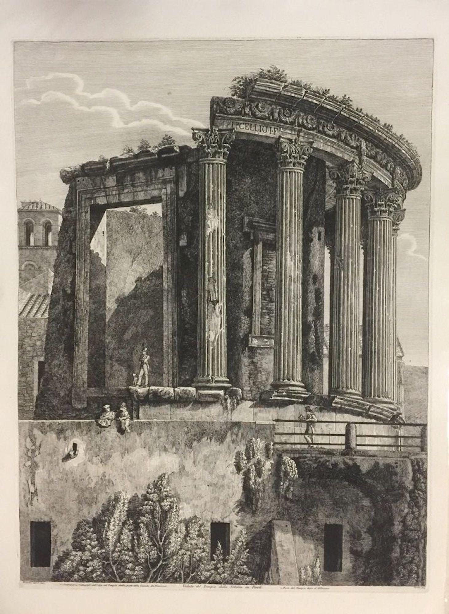 Luigi Rossini Figurative Print - Veduta del Tempio della Sibilla a Tivoli - Original Etching by L. Rossini - 1824