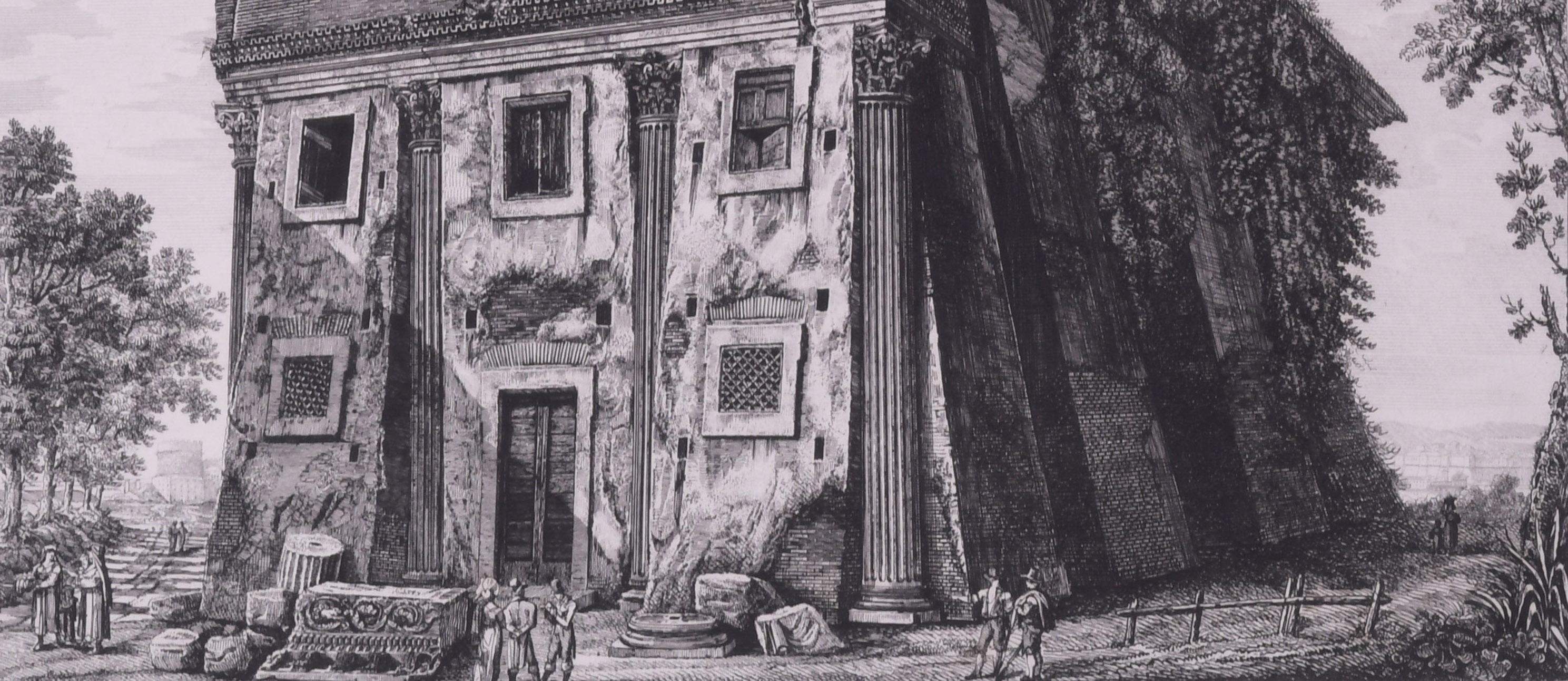 Veduta del Tempio delle Camene, da altri del Dio Ridicolo
Acquaforte, 1823
Firmato nella lastra nell'angolo in basso a sinistra (vedi foto)
Da: No. 36 da Le Antichita Romane
 Un tempo si pensava che questo fosse il tempio del Deus Rediculus, che