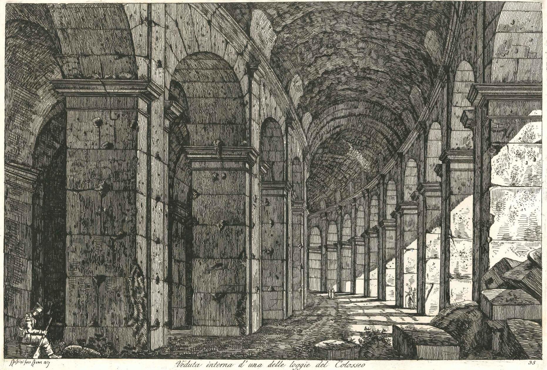 View of a Loggia of The Colosseum in Rome Engraving Signed Dated Luigi Rossini 1