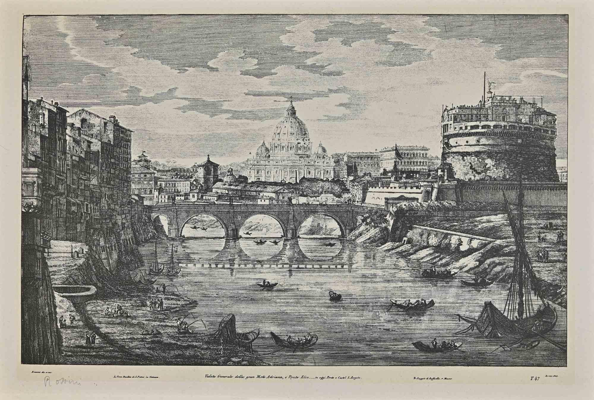 Vue du Château Saint-Ange et du Vatican est une impression offset vintage sur papier réalisée au début du 20ème siècle d'après Luigi Rossini (1790-1857).

Signé sur la plaque en bas à gauche, avec la description de l'œuvre en bas en italien.

Bon