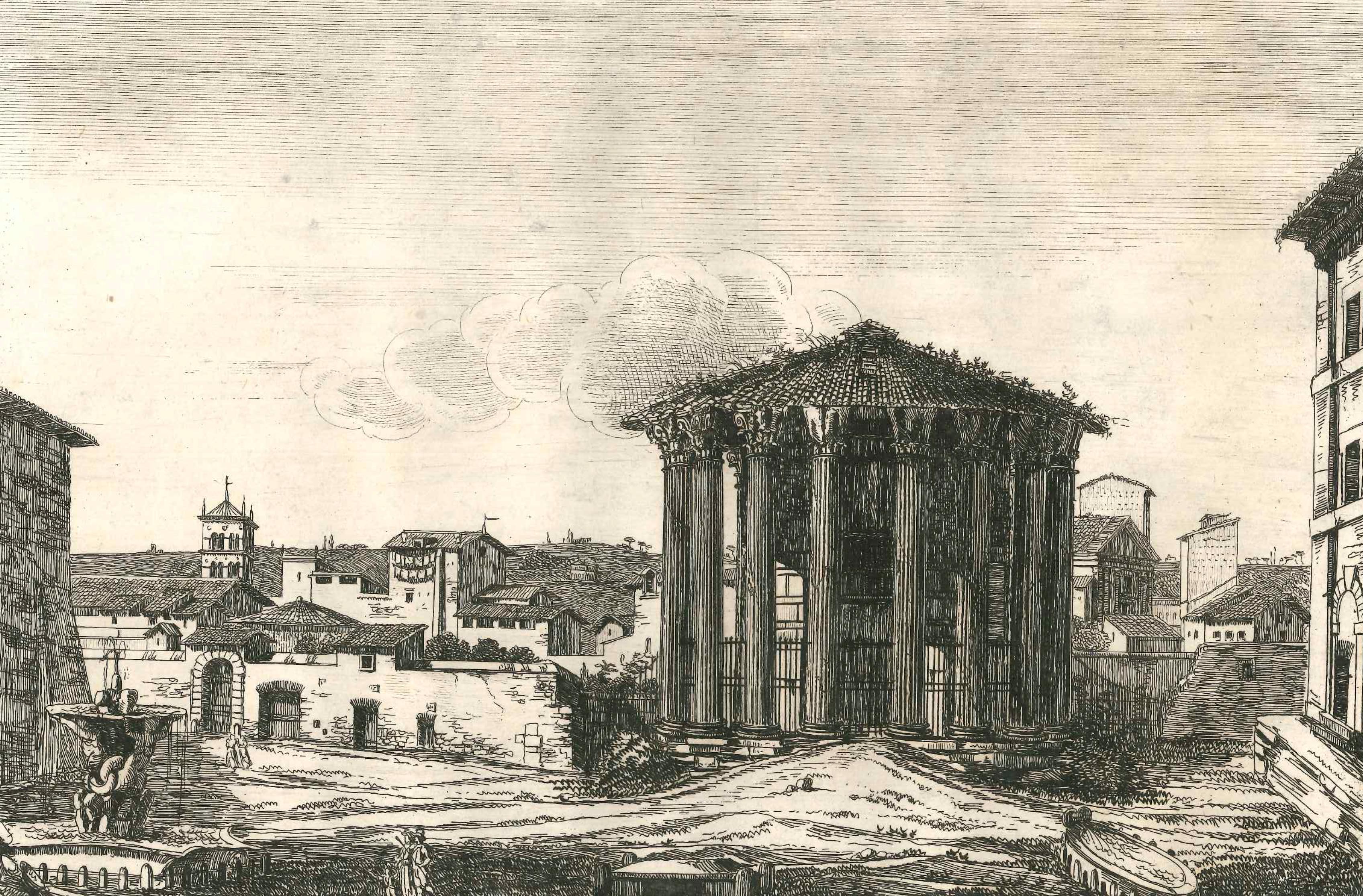 View of the Temple of Vesta in Rome Engraving Signed and Dated Luigi Rossini  1